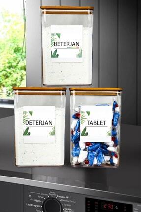 Banyo Saklama Kabı Dikdörtgen 2,9lt 3'li Set Tablet/deterjan Kabı Kutusu Ahşap Ağaç Vakum Kapaklı Image 0