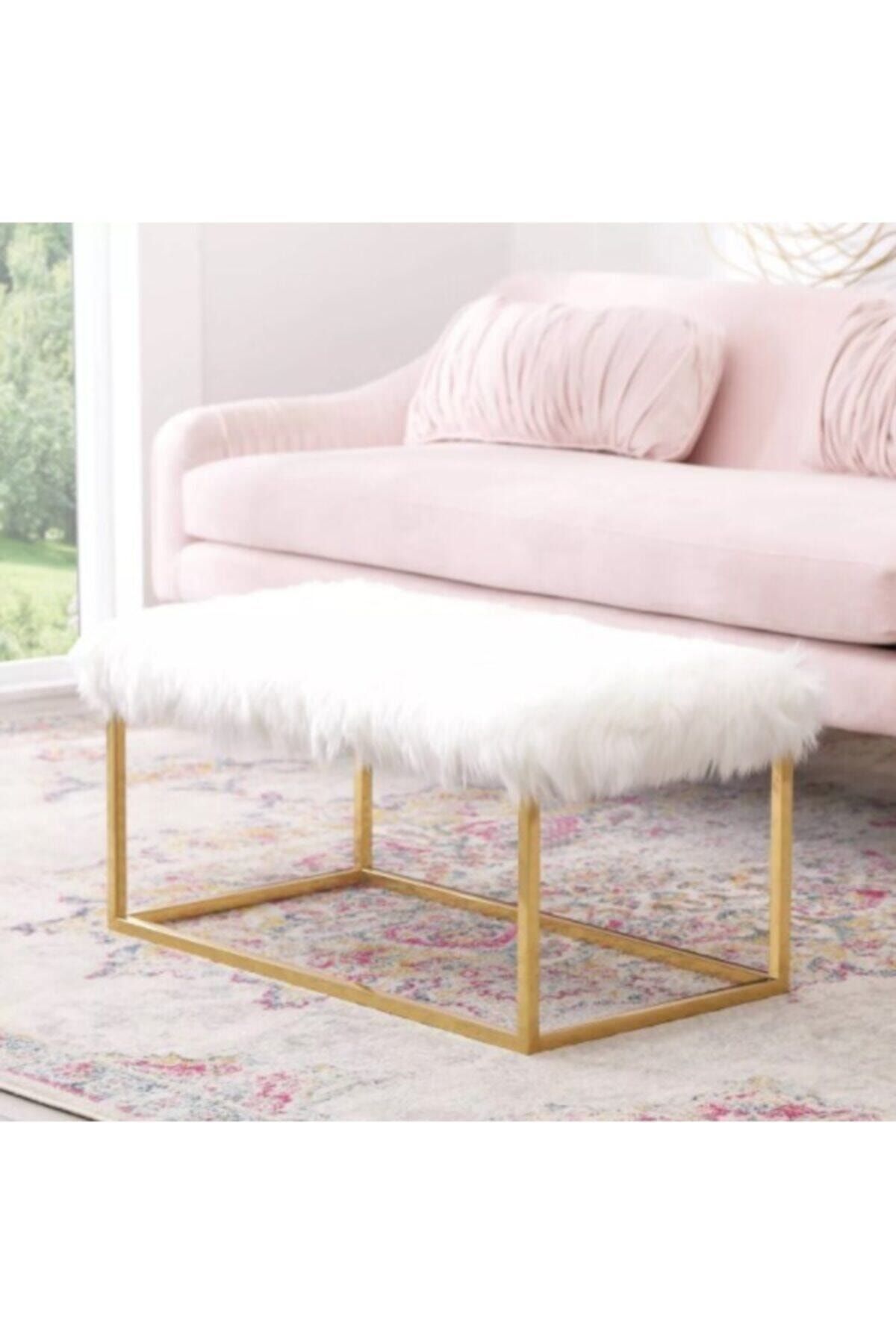 sandalyecafesi Sandalye Cafesi Frame Metal Gold Boyalı Ayaklı Tüylü Beyaz Peluş Puf Bench Bl016