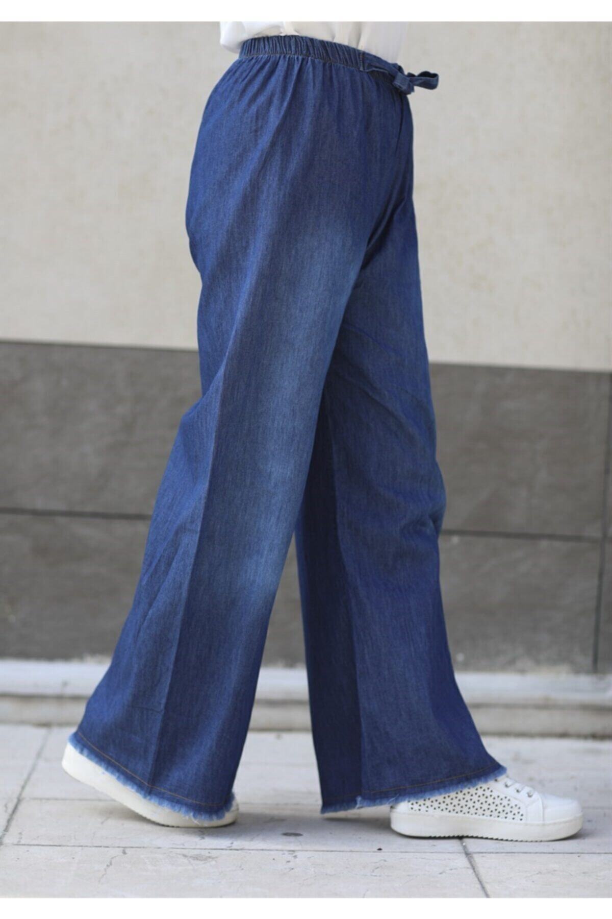 Rimel Moda Beli Lastikli Bol Paça Pantolon Koyu Kot
