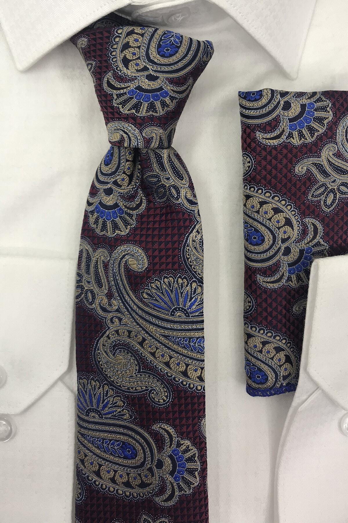 Quesste Accessory Erkek Bordo Bej Desenli Kravat Mendil Seti