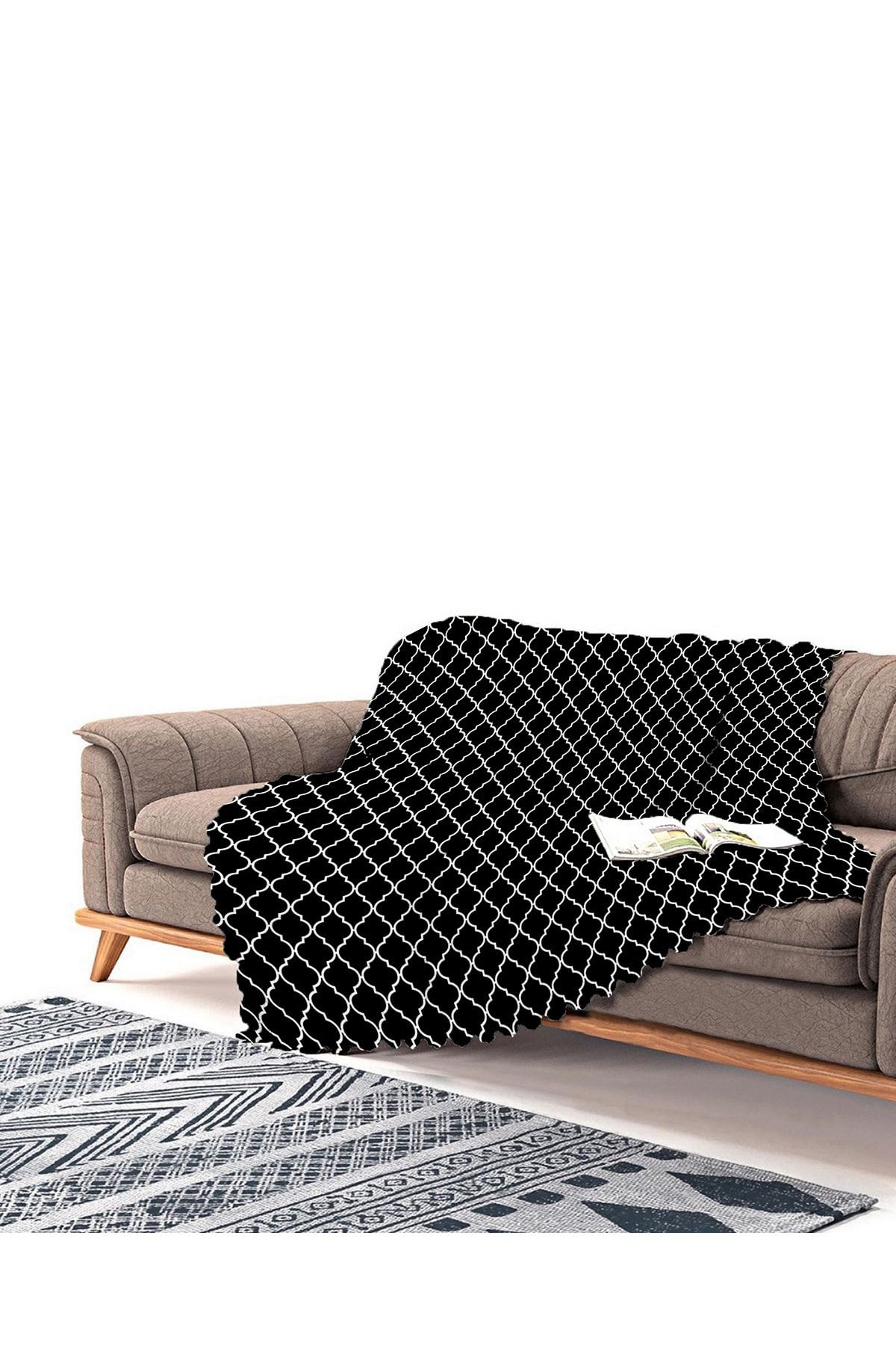 Realhomes Siyah Zemin Ogea Desenli Dijital Baskılı Şönil Koltuk Şalı