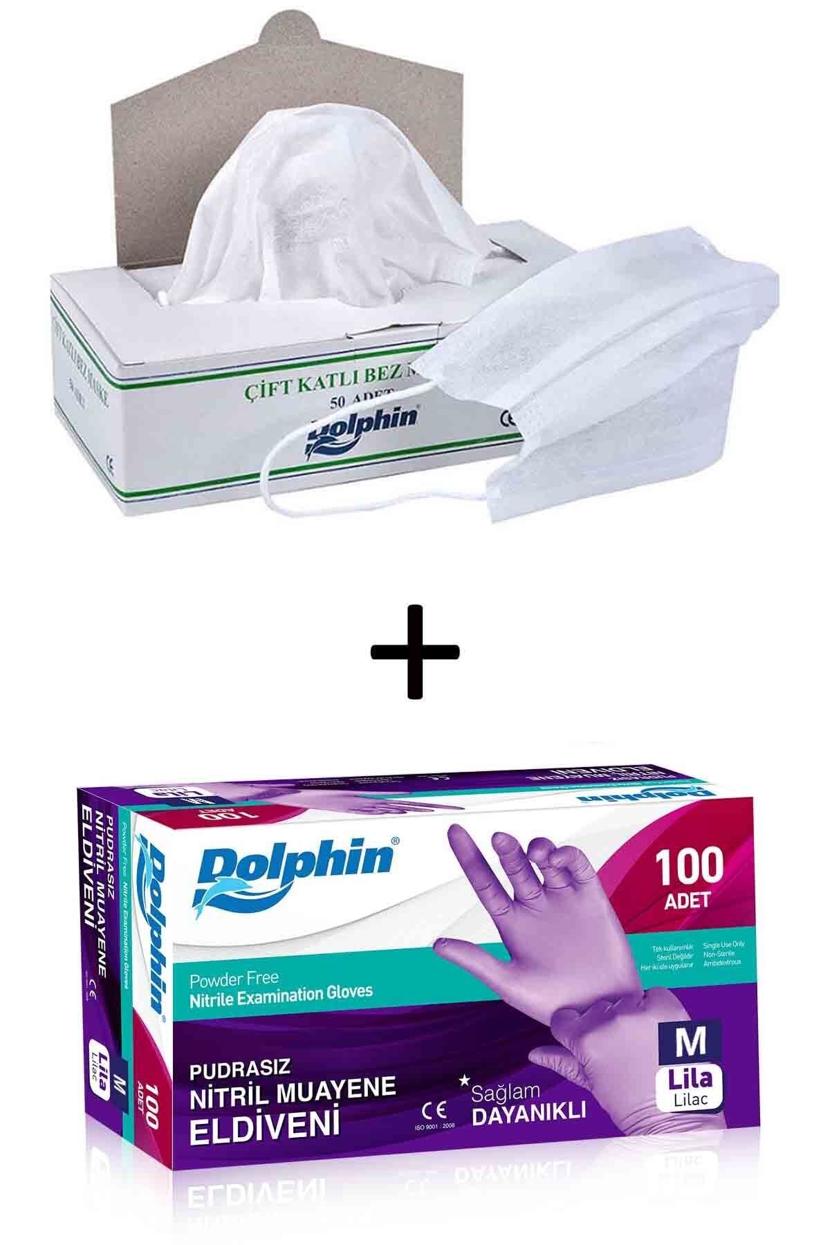 Dolphin Lila Nitril Eldiven (m) + Çift Katlı Bez Maske Set 150 Parça