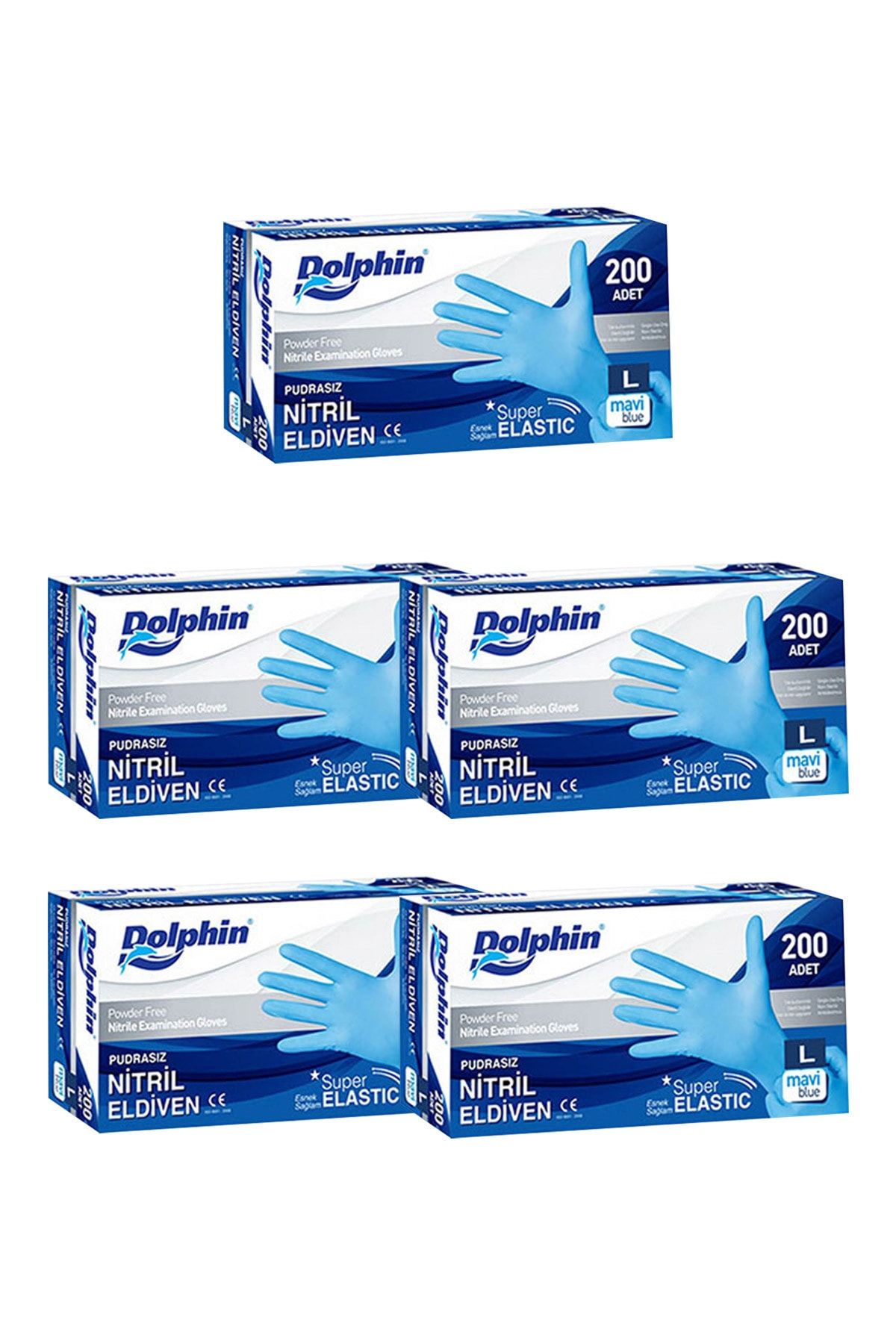 Dolphin Süper Elastik Mavi Nitril Eldiven Pudrasız (l) 200 Lü Paket 5 Adet