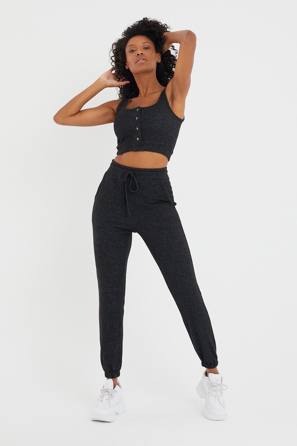 COMEOR Kadın Antrasit Önden Düğmeli Atlet Crop Takım