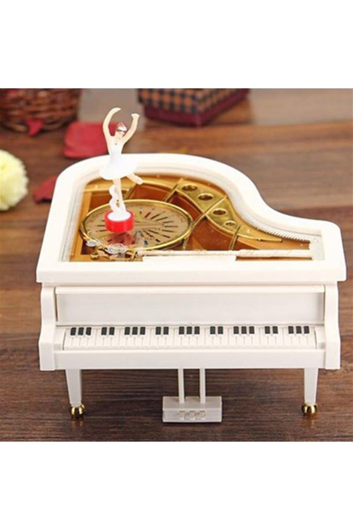 Adil Baba Dekoratif Piyano Görünümlü Dans Eden Balerin Müzik Kutusu-beyaz Renk 14 cm X 15 cm X 10 cm