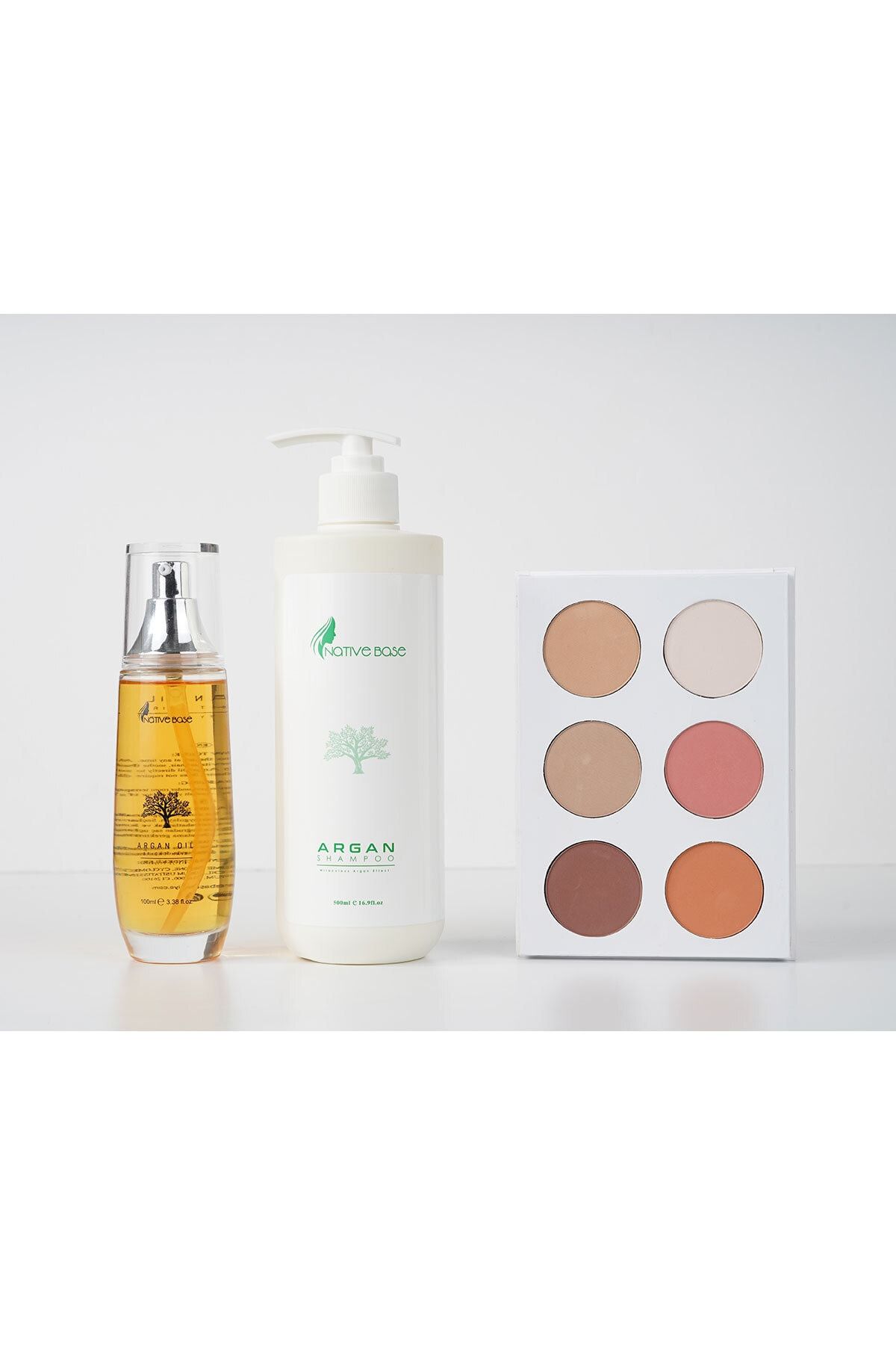 Native Base Argan Şampuan 500 ml Argan Yağı 100 ml Kontür Allık Paleti Kişisel Bakım Seti