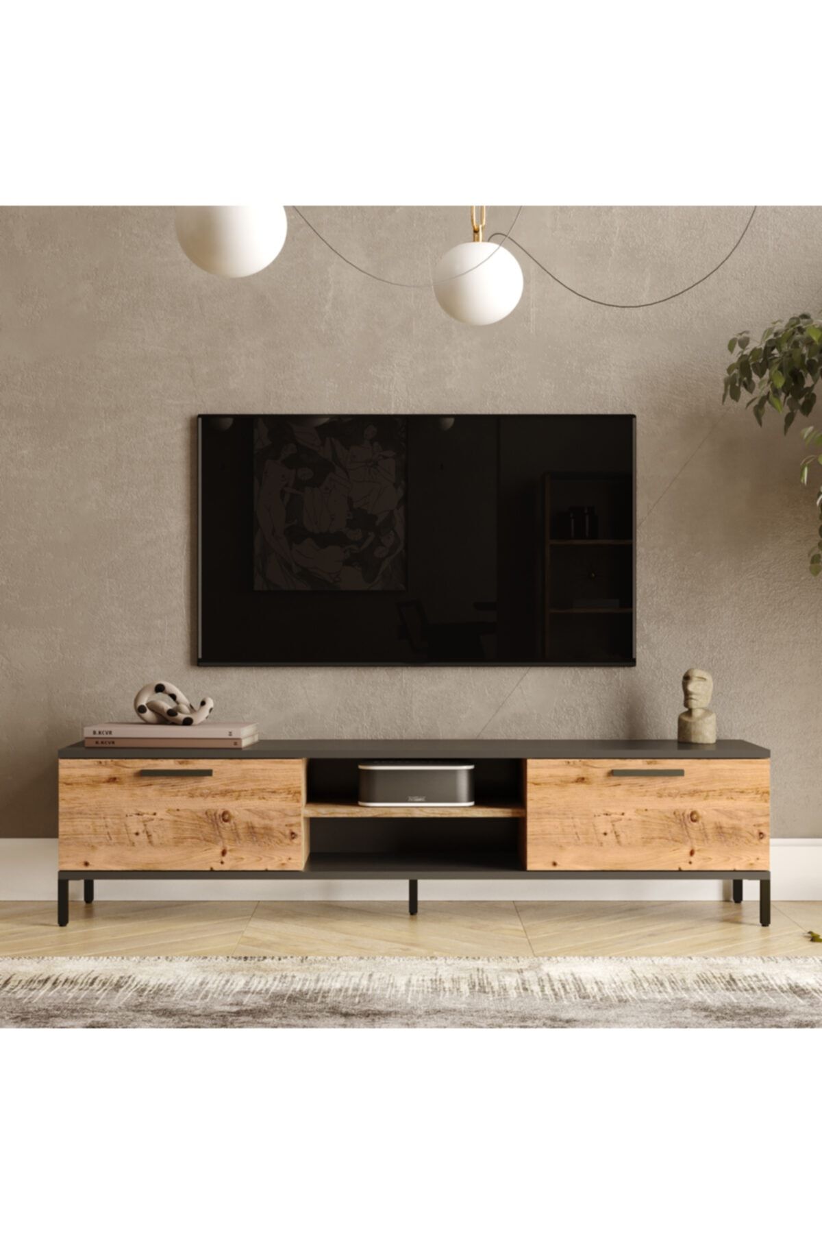 Yurudesign Royal 2 Kapaklı Metal Ayaklı Çam Tv Ünitesi Rl1-aa