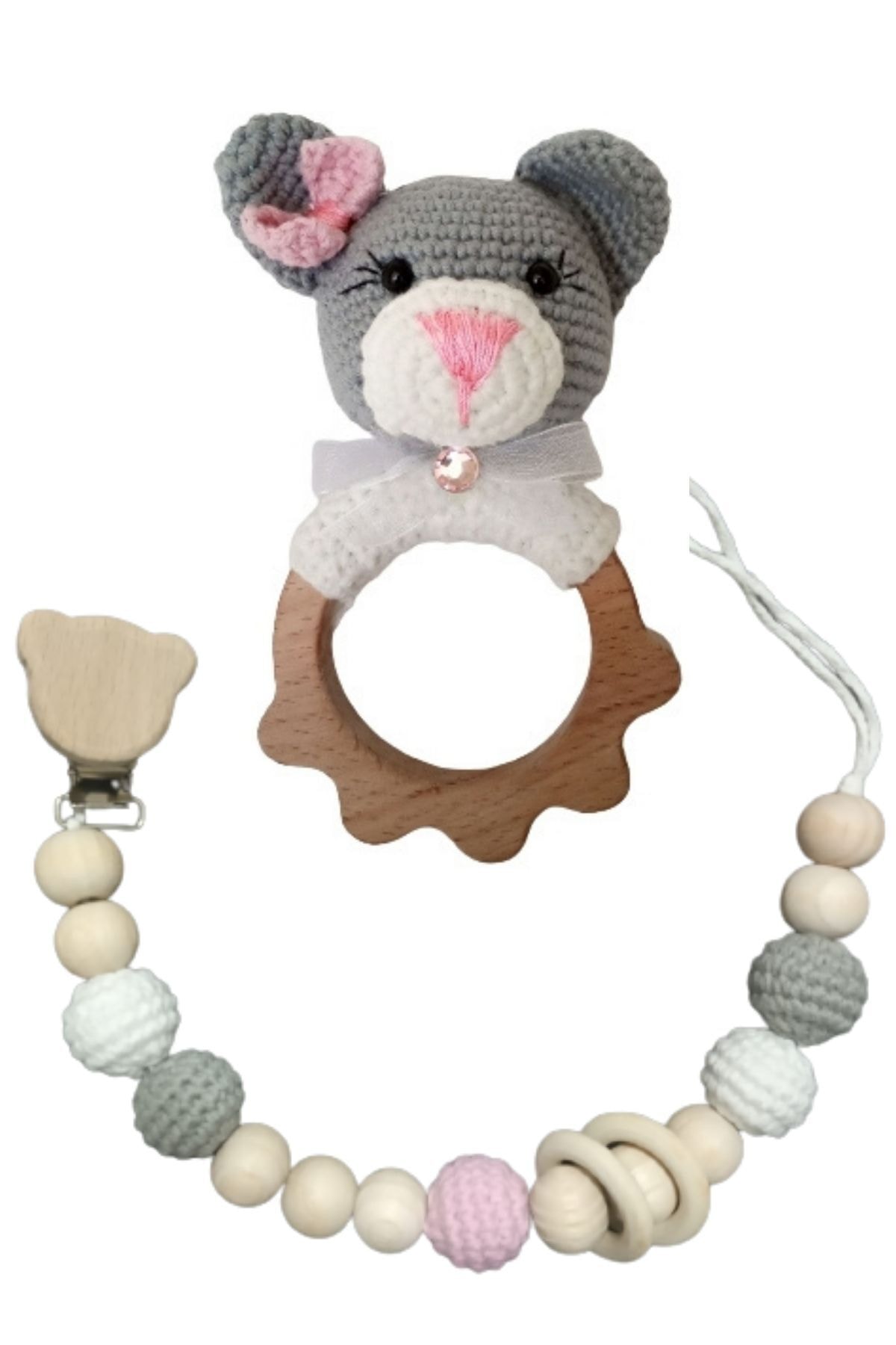MYG Baby Çıngıraklı Ahşap Diş Kaşıyıcı Ve Amigurumi Ahşap Emzik Zinciri Dişlik