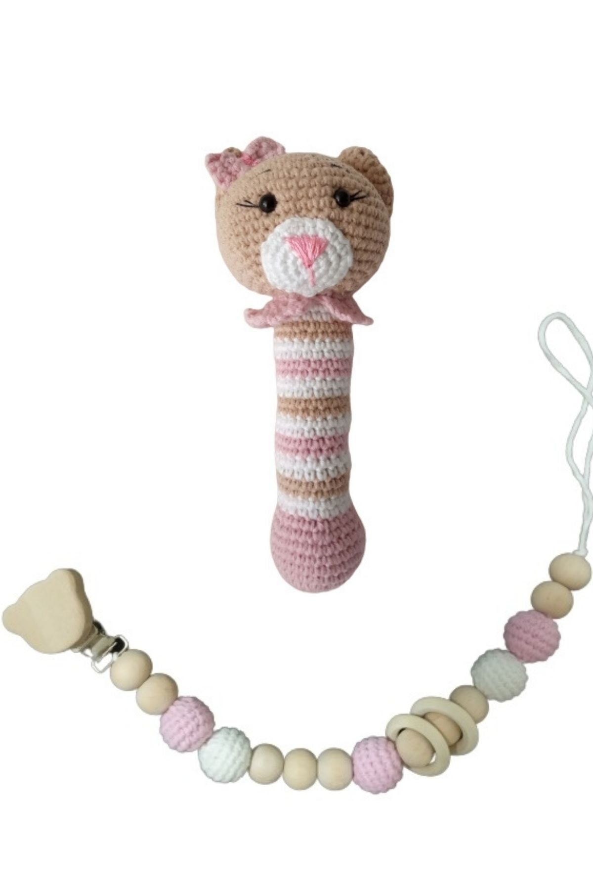 MYG Baby Çıngıraklı Ahşap Diş Kaşıyıcı Ve Amigurumi Ahşap Emzik Zinciri Dişlik Organik Örgü Oyuncak