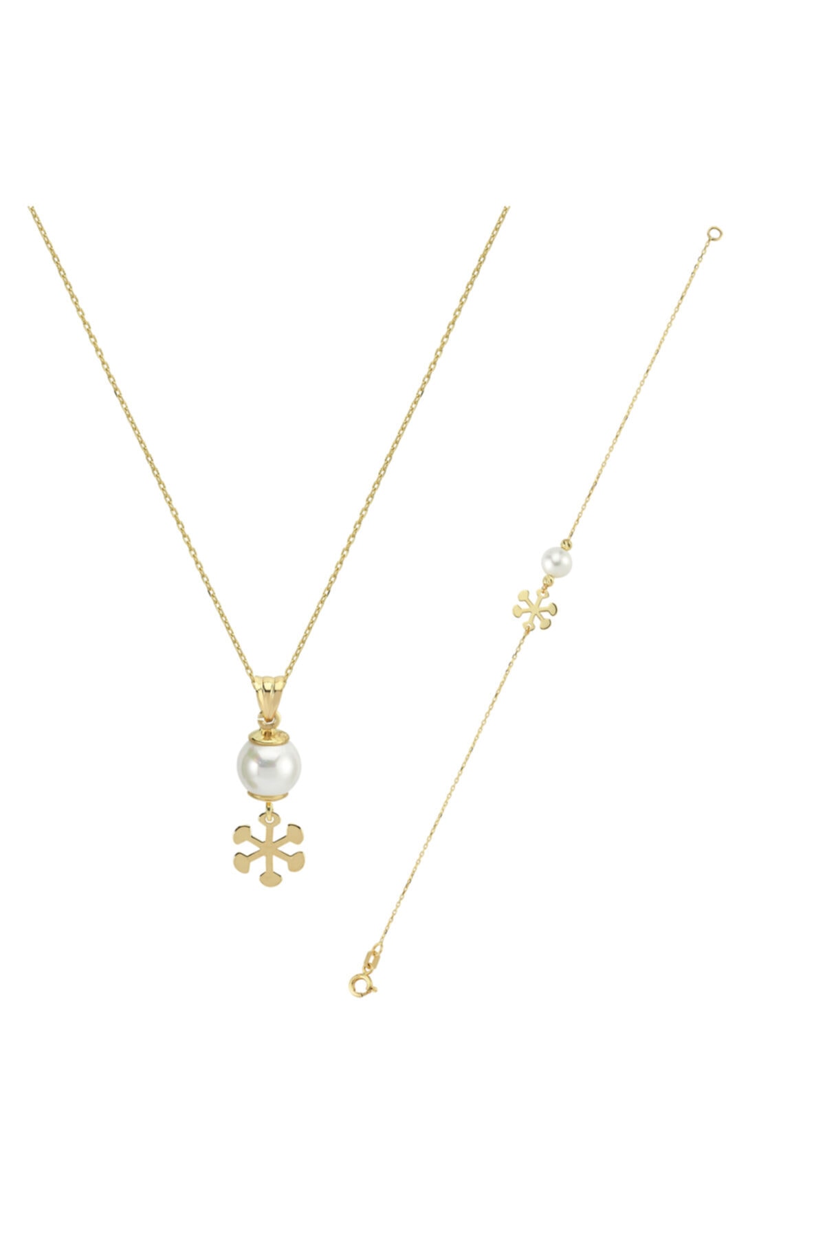 Gonca Gold Kadın Kartanesi Figürlü, Incili, 14 Ayar, Sarı Altın Kolye & Bileklik Takım - 3,23 Gr