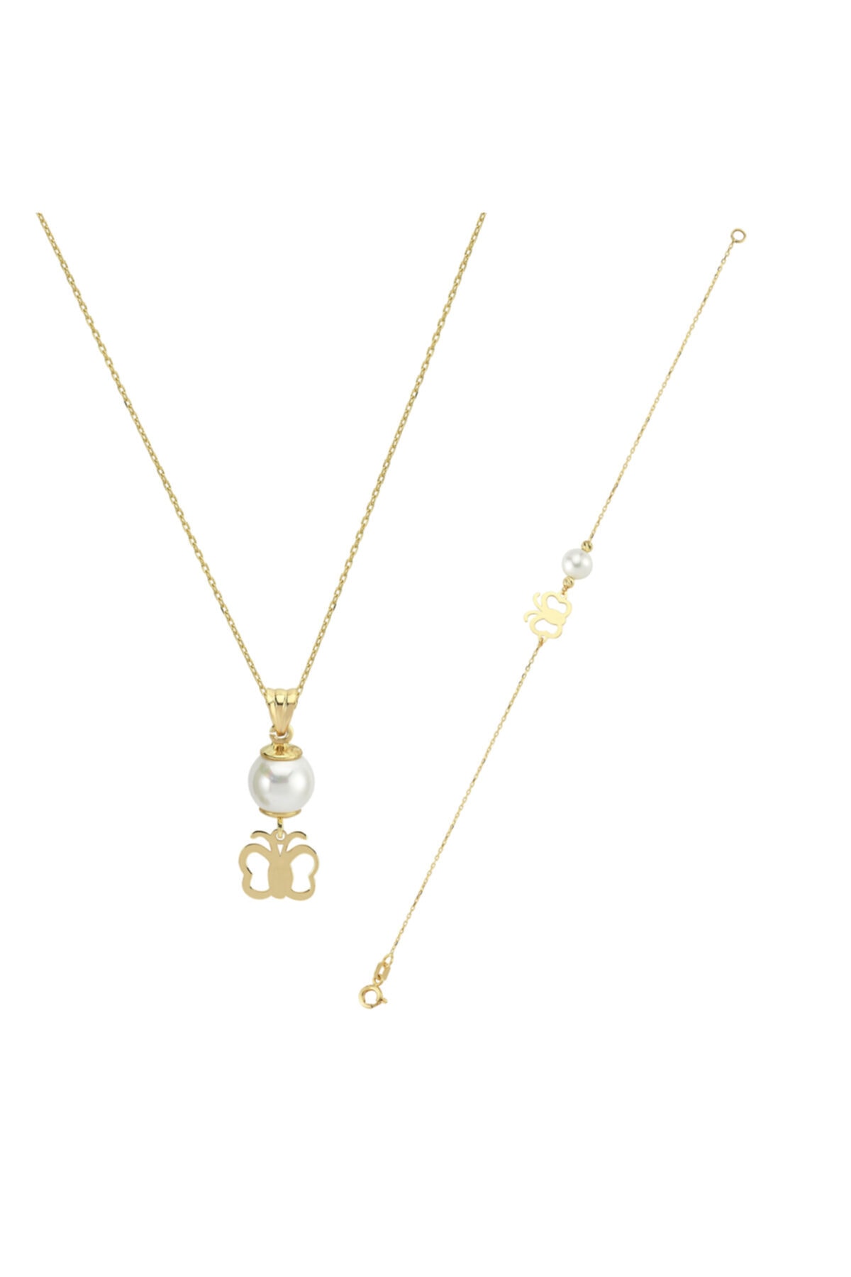 Gonca Gold Kelebek Figürlü Incili Kolye Bileklik Takım 14 Ayar