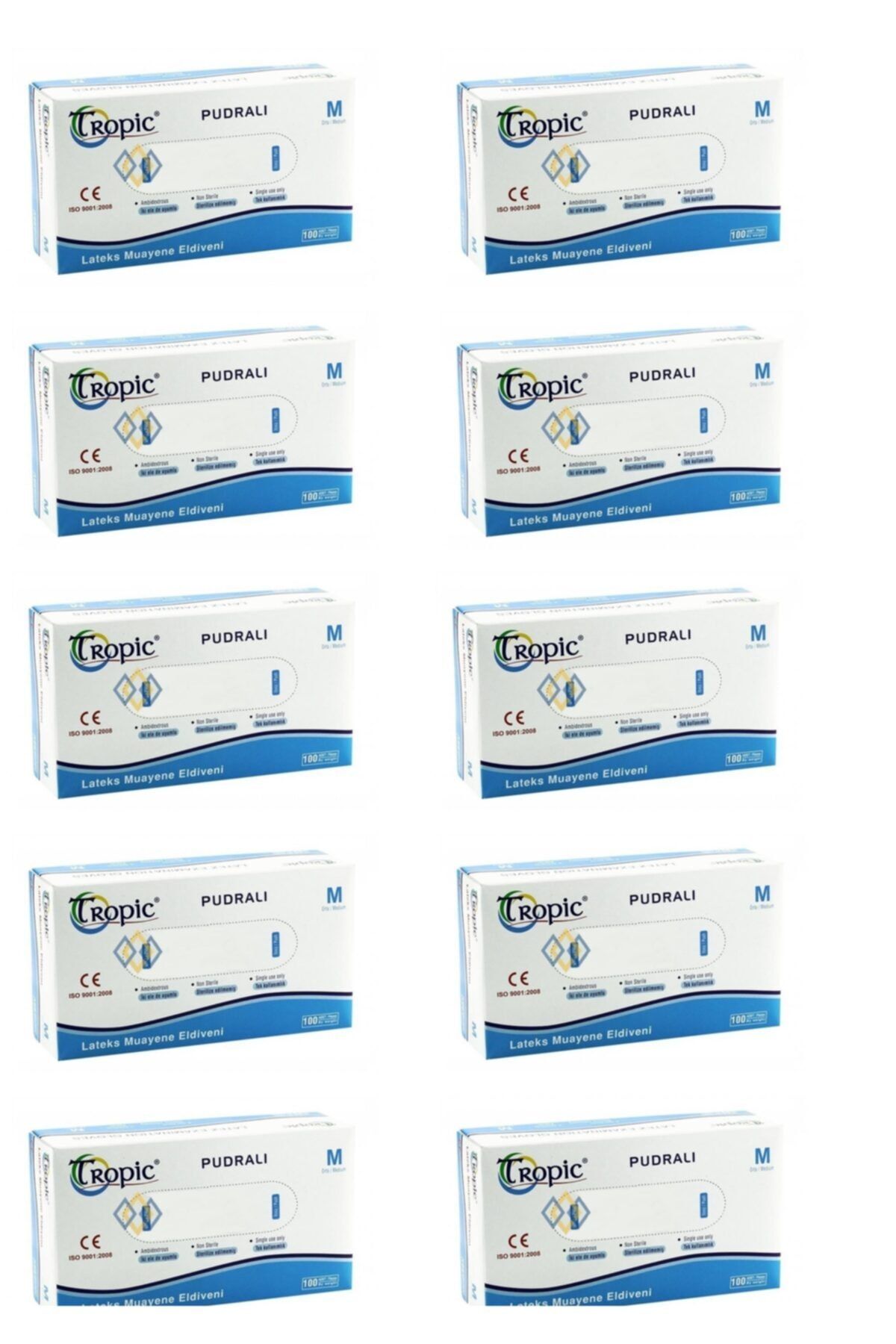 Tropic Lateks Pudralı  Muayene Eldiveni M Beden 10 Kutu 100 Adet