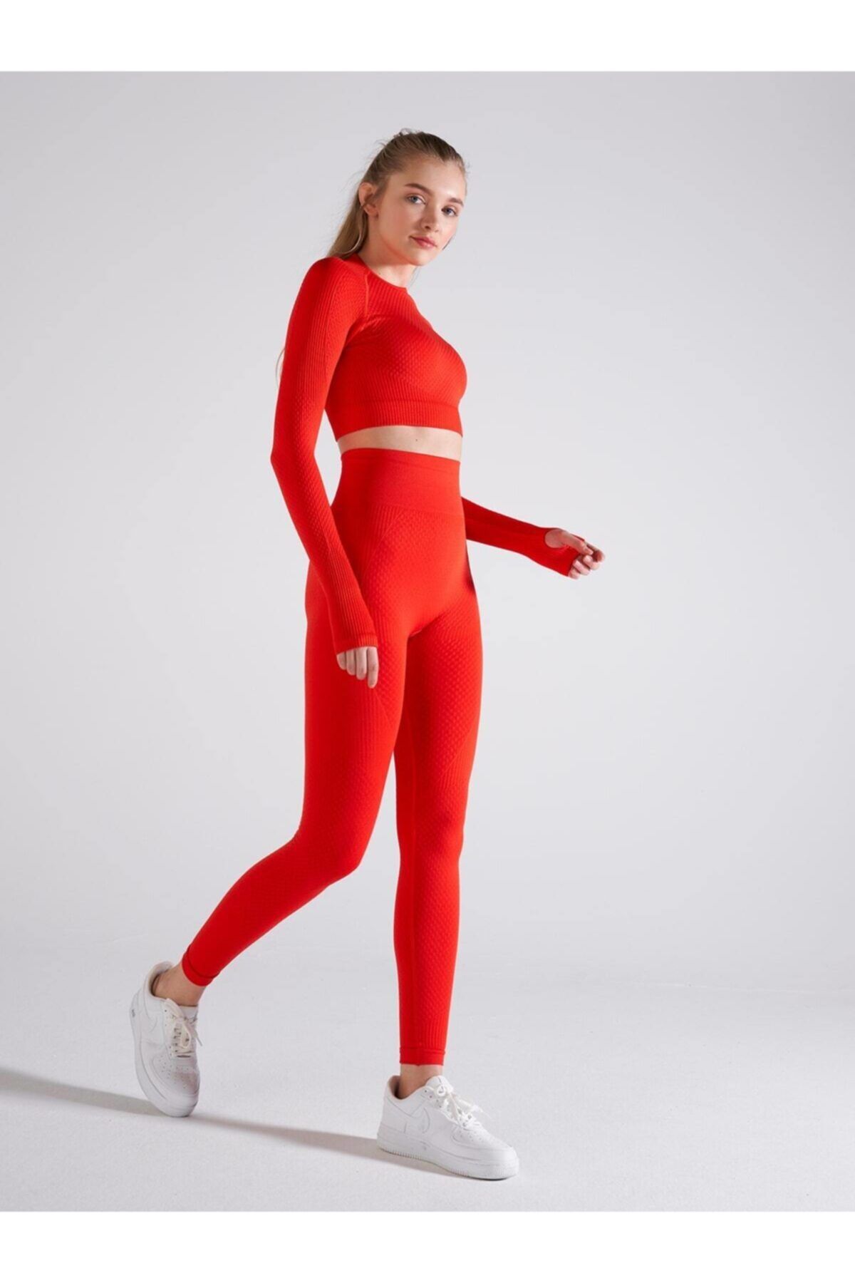 qlu Kadın Kendinden Desenli Nar Çiçeği Dikişsiz Crop Top