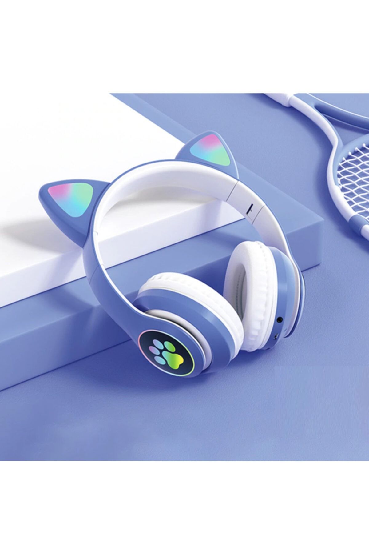 TeknoExpress Mavi Kedi Tasarımlı Led Işıklı Mikrofonlu Bluetooth Kulaküstü  Kulaklık W01