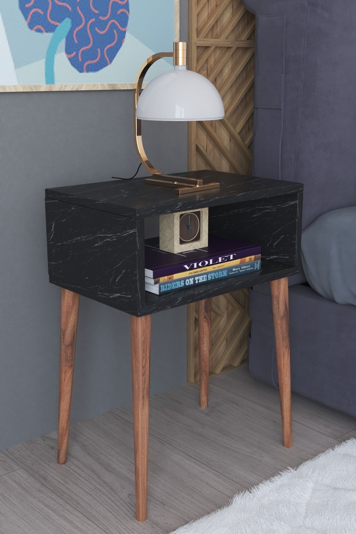 THE VİOLET Siyah Mermer Desen Vintage Komodin