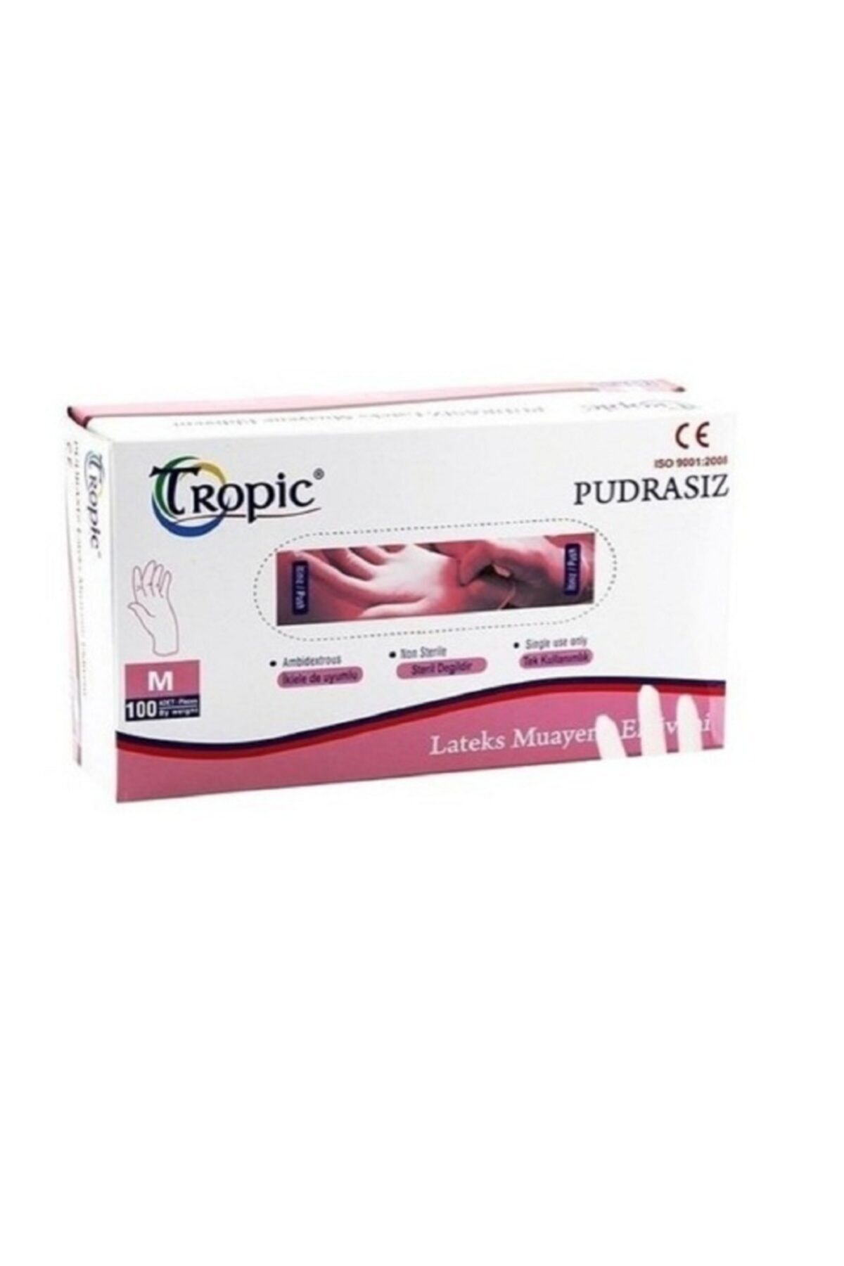 Tropic Lateks Pudrasız M Beden Muayene Eldiveni - Temizlik Eldiveni - (1 Kutu / 1 X 100 Adet)