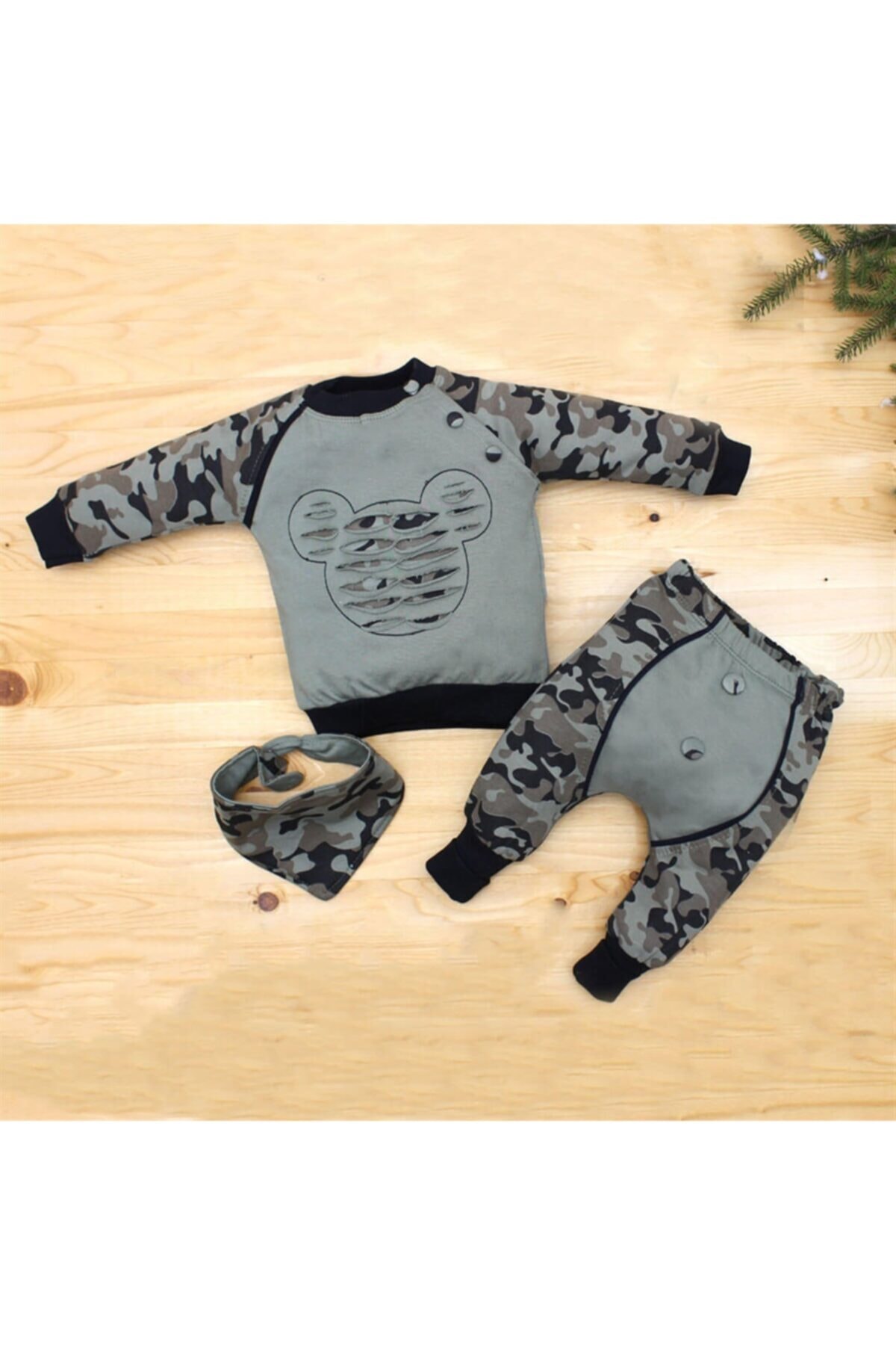 Elci Baby Fularlı Kamuflajlı Mikili Bebek Takımı K2362
