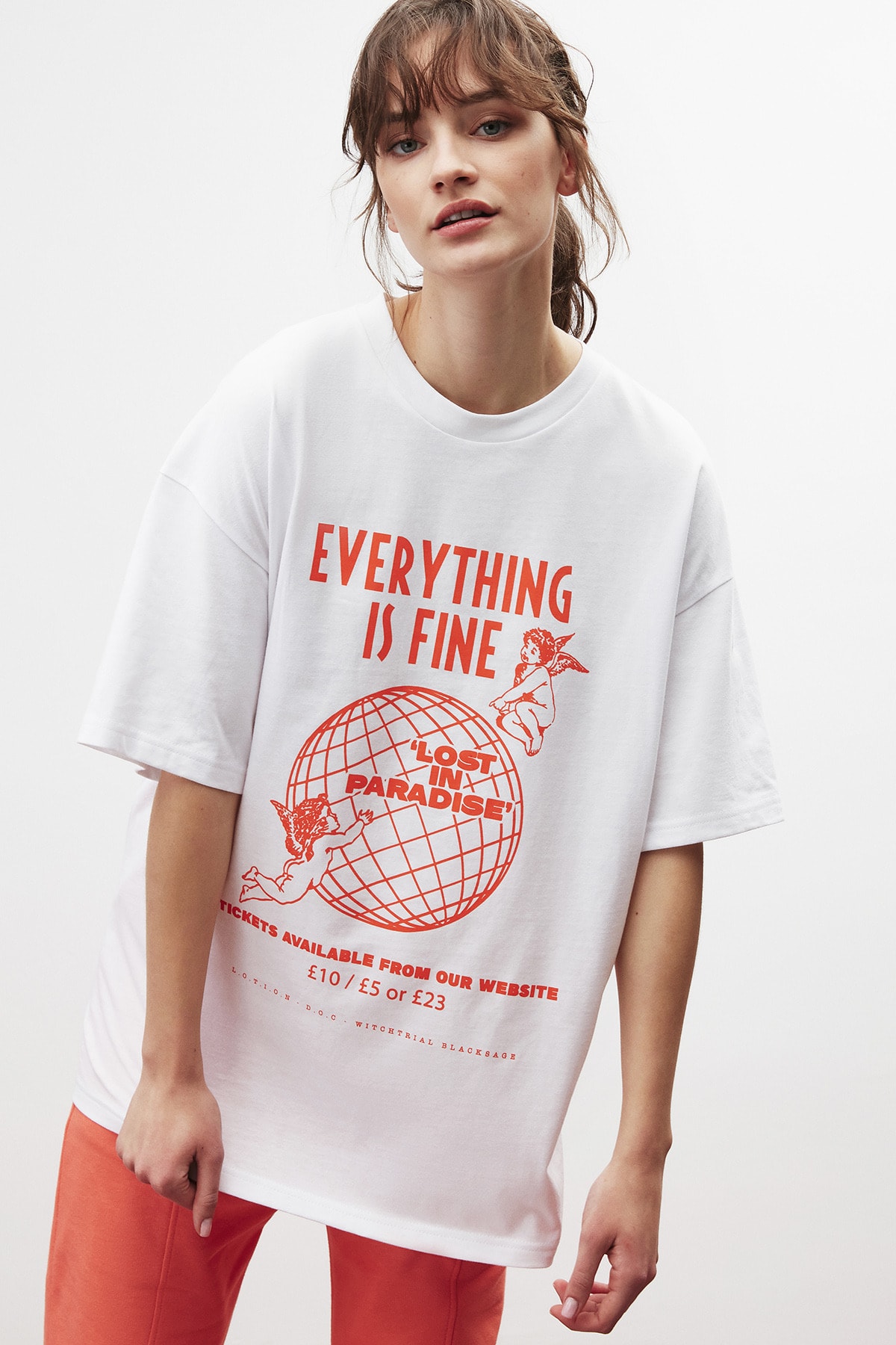 GRIMELANGE DREAM Kadın Beyaz Turuncu Baskılı Oversize T-shirt