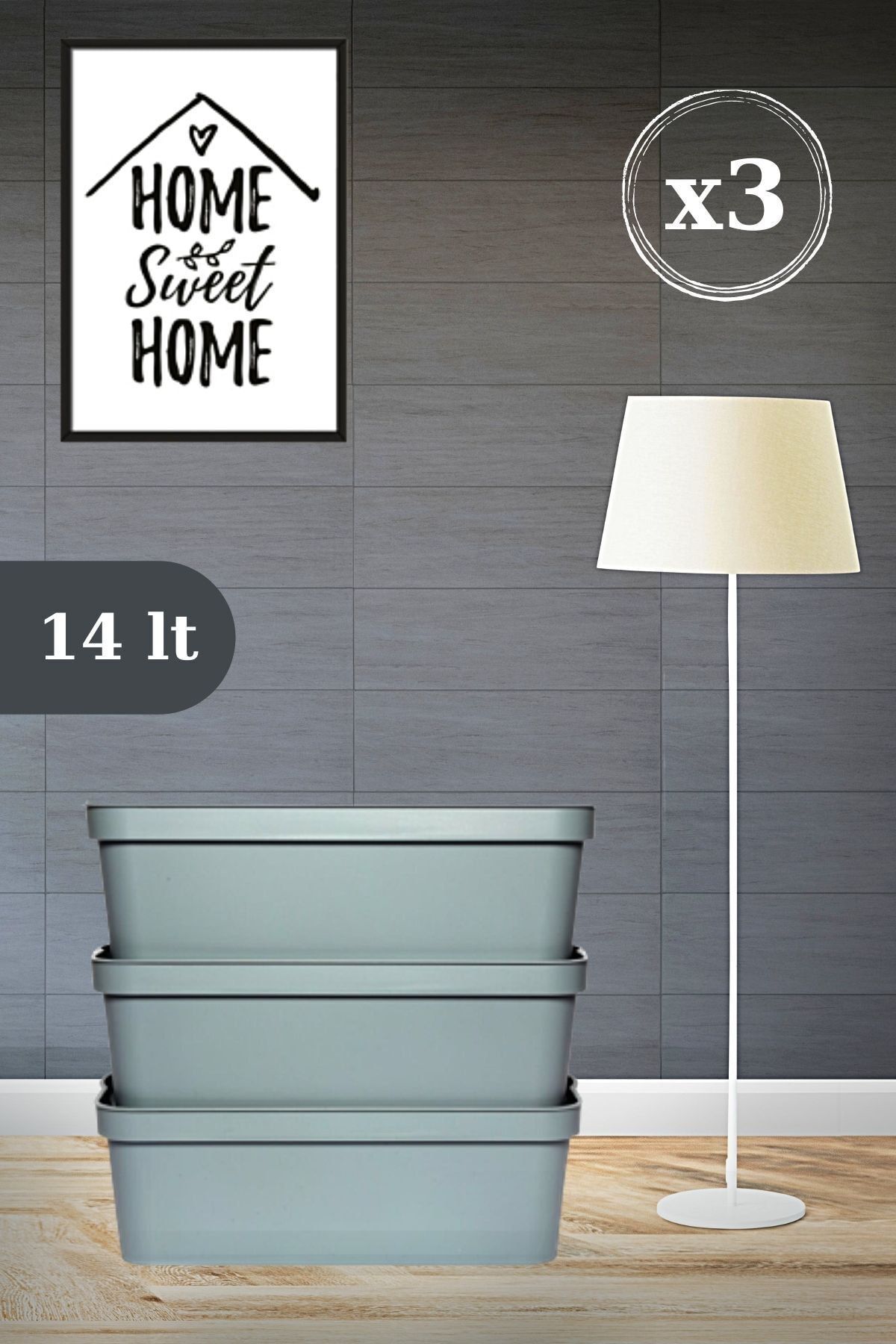 Nandy Home Dekoratif 14 Lt Oyuncak & Düzenleyici Kapaklı Saklama Kutusu Antrasit 3'lü Set