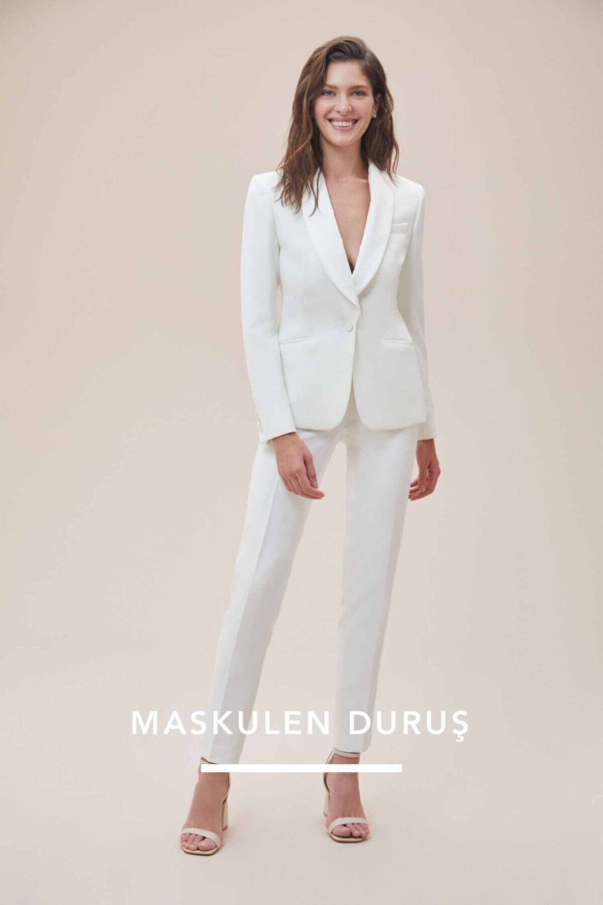 Oleg Cassini Beyaz Dar Kesim Takım Elbise Gelinlik Pantolonu