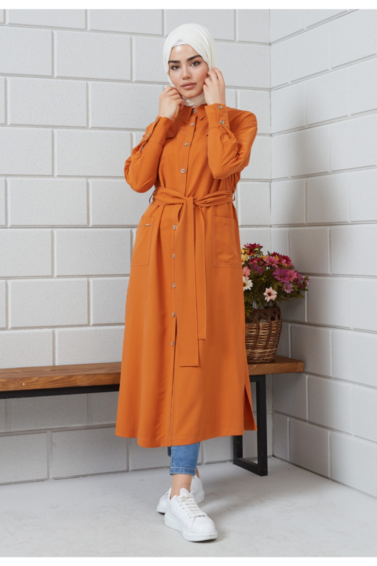 Setrms Kadın Turuncu Düğmeli Kemer Detaylı Pardösü