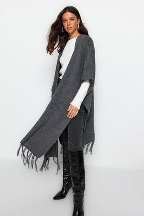 Antrasit Etek Ucu Püsküllü Uzun Triko Hırka TCTAW23TH00008 Image 2