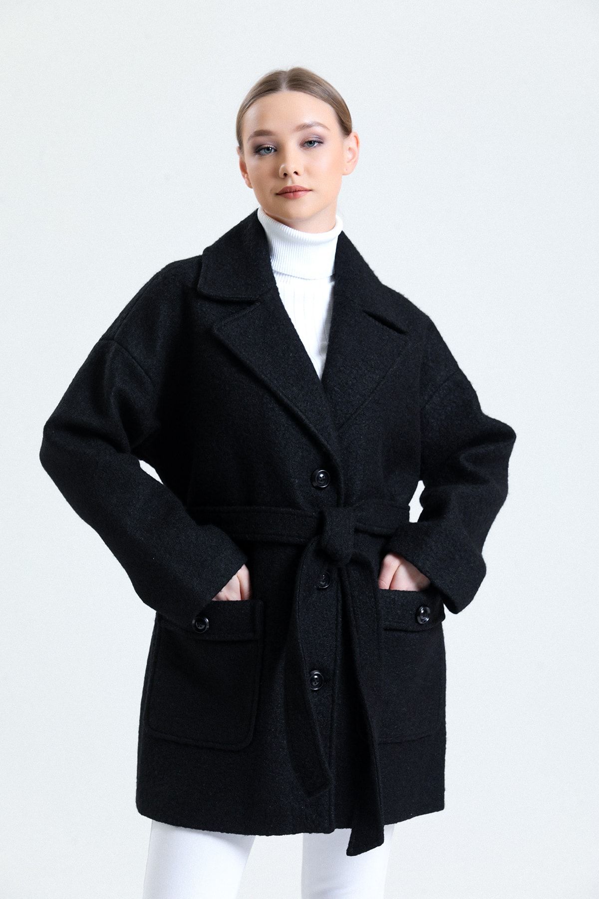 kabanc m Women s Short Belted Oversize Boucle Coat Trendyol