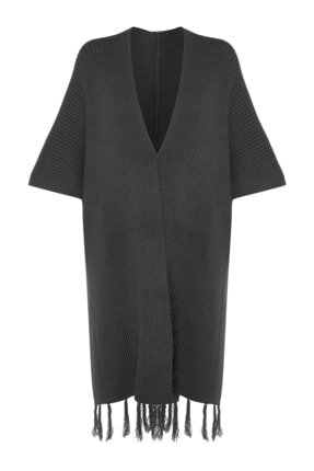 Antrasit Etek Ucu Püsküllü Uzun Triko Hırka TCTAW23TH00008 Image 5