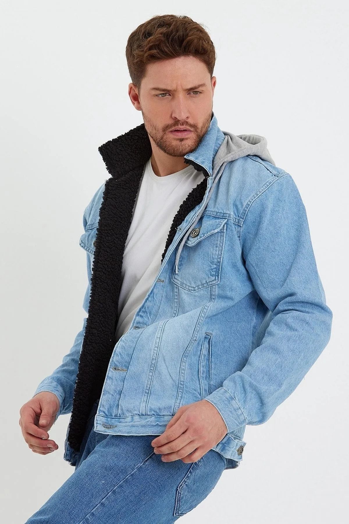 Denim fur 2025 jacket with hood