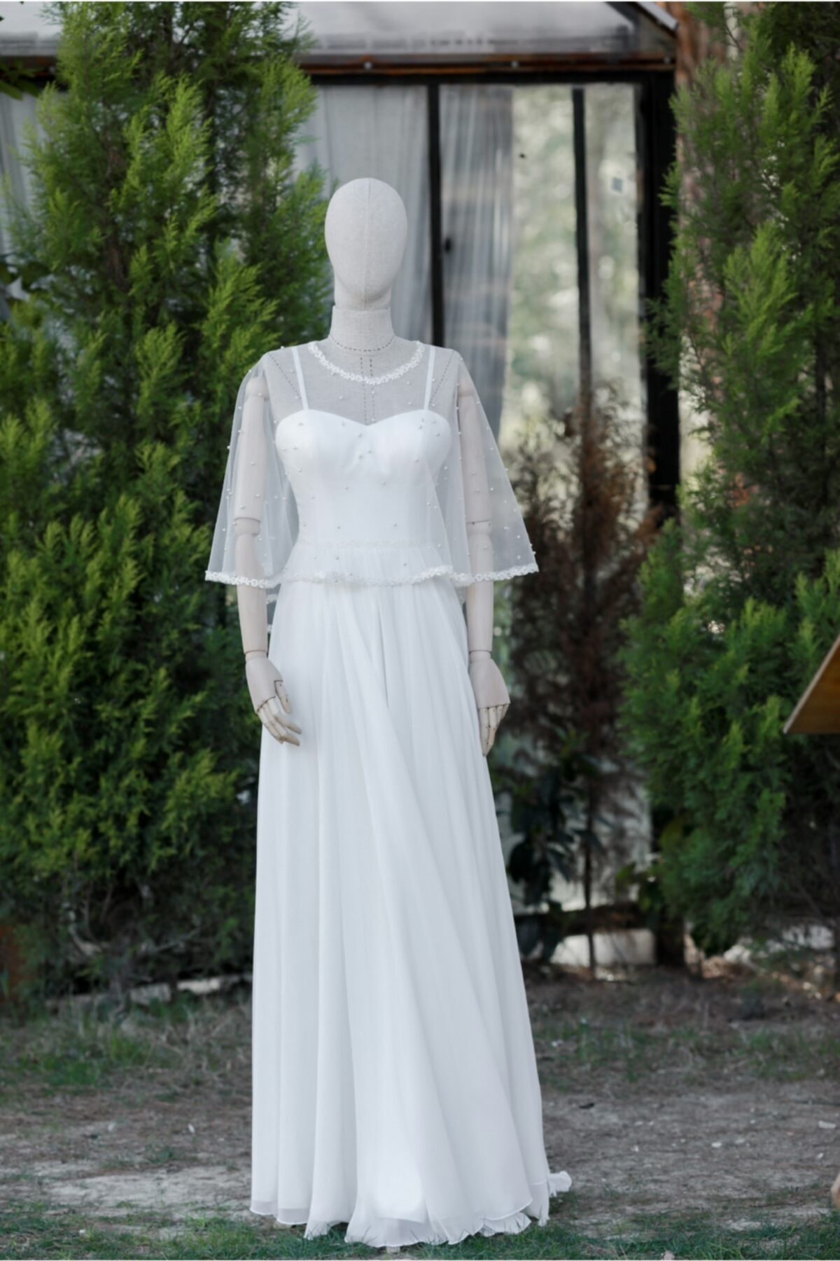 bride in love Kadın Inci Pelerinli Şifon Gelinlik