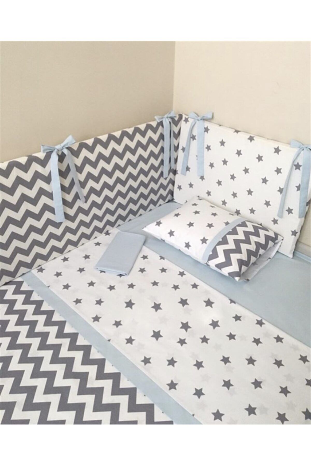 Jaju Baby 80x130 Gri Zikzak Mavi Tasarım Bebek Nevresim Takımı ve Kenar Koruma
