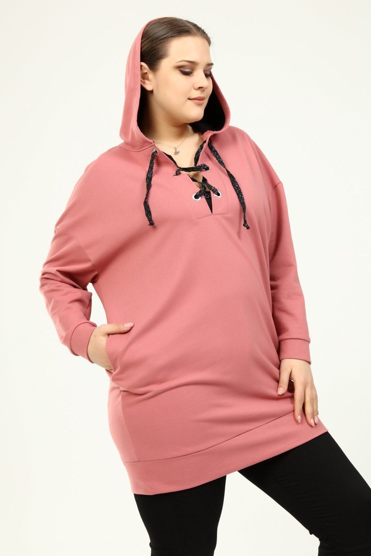 Moda Cazibe Kadın Büyük Beden Sim Bağcıklı Kapüşonlu Tunik Sweatshirt