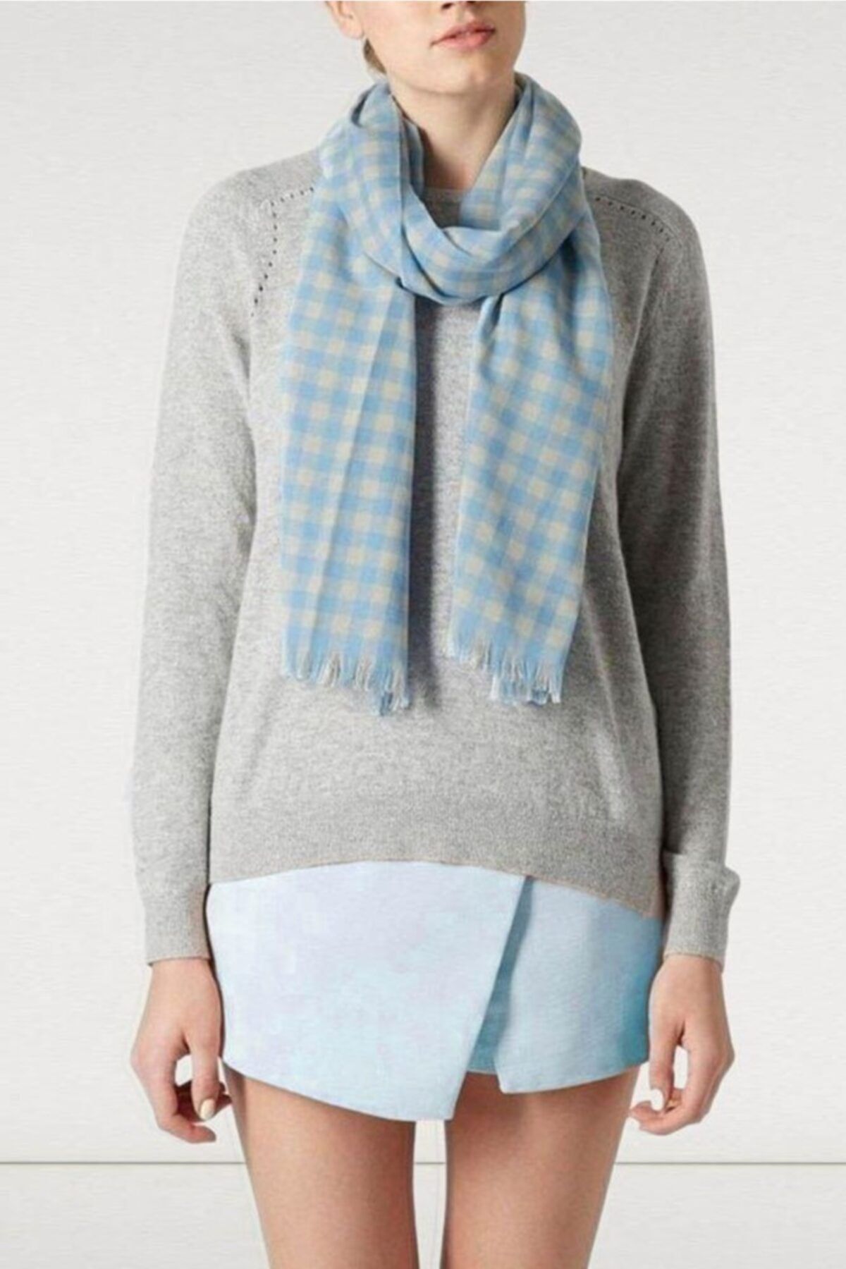 TopShop Kadın Mavi Ekoseli Uzun Şal