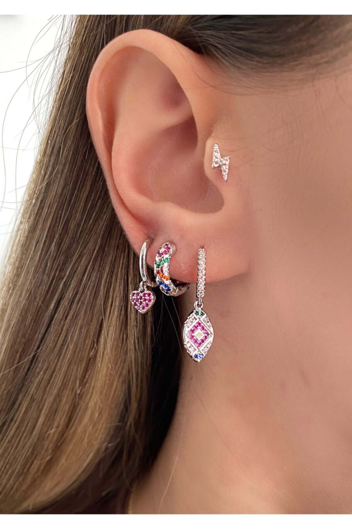 Okkostore Kadın Silver Rengi Etnik Charm DesenliKüpe Seti 3’lü