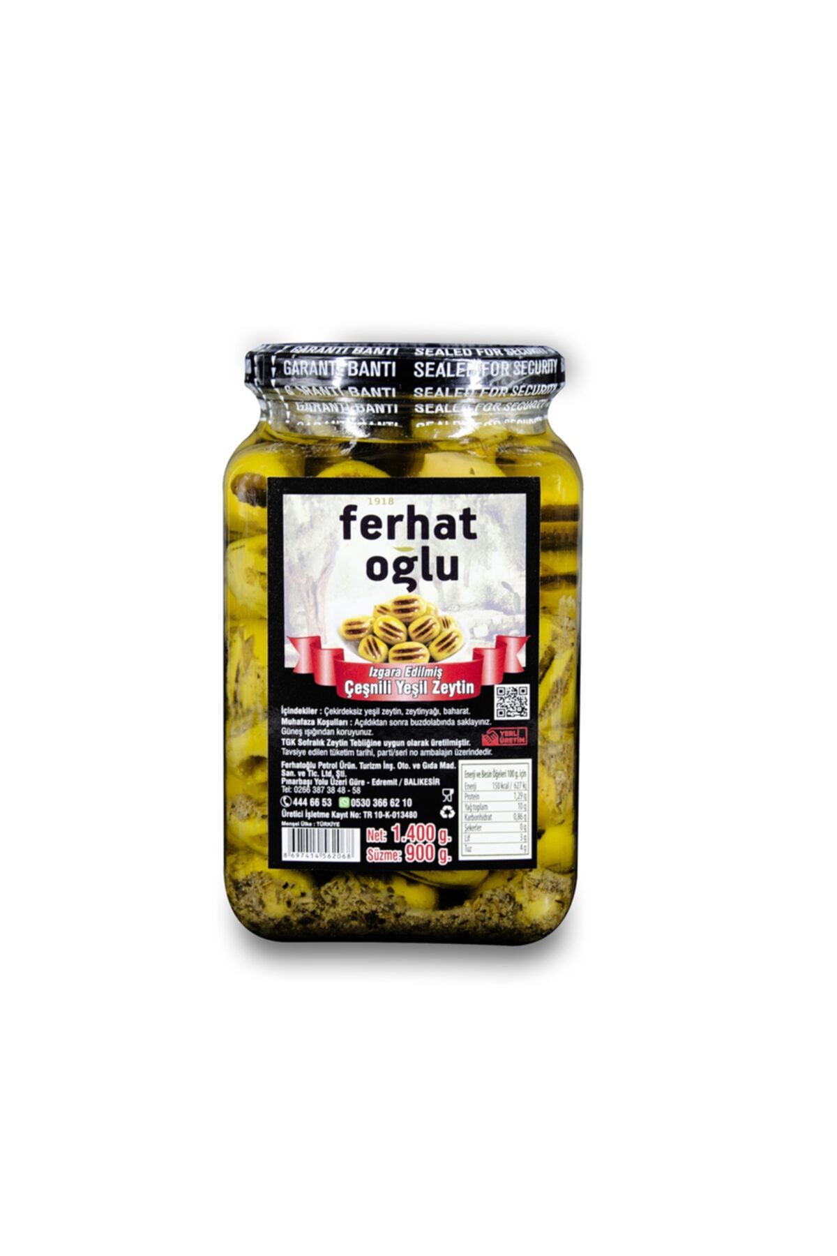 FERHATOĞLU Izgara Edilmiş Çeşnili Yeşil Zeytin 900 G.