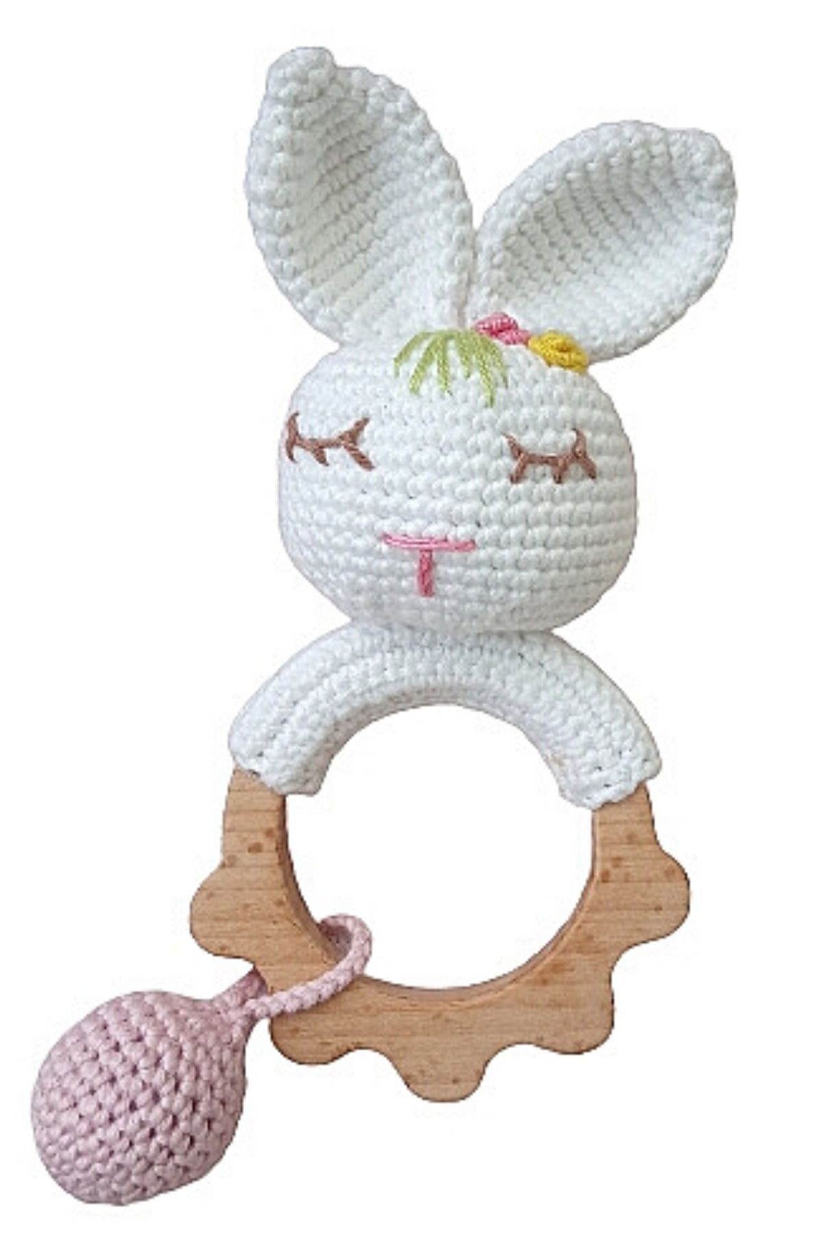 MYG Baby Çıngıraklı Ahşap Diş Kaşıyıcı Amigurumi Ahşap Diş Kaşıyıcı Organik Örgü Oyuncak