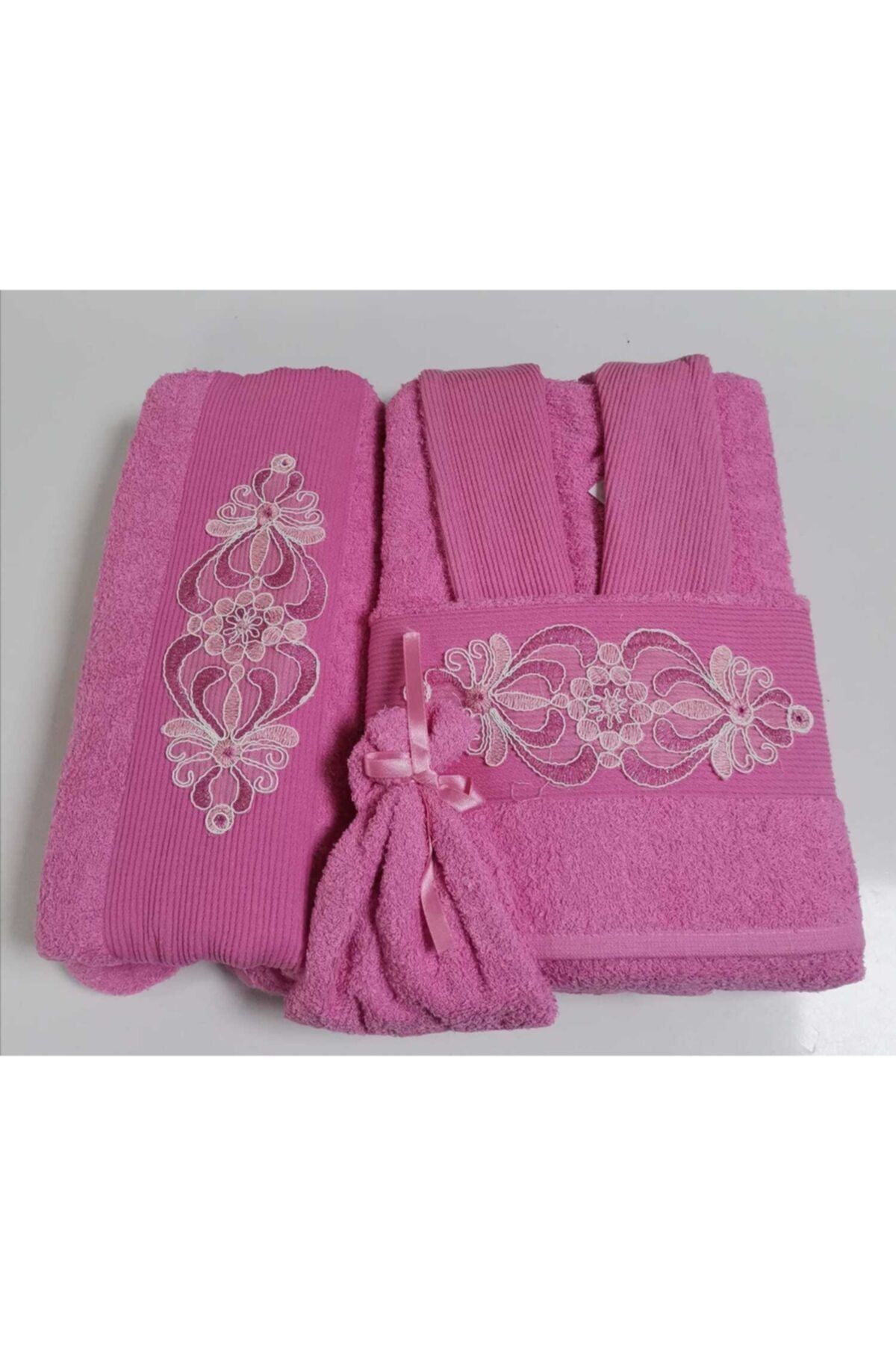 Cotton paris Kadın Fuşya %100 Pamuk 4 Parça Yarımset Bornoz Takımı