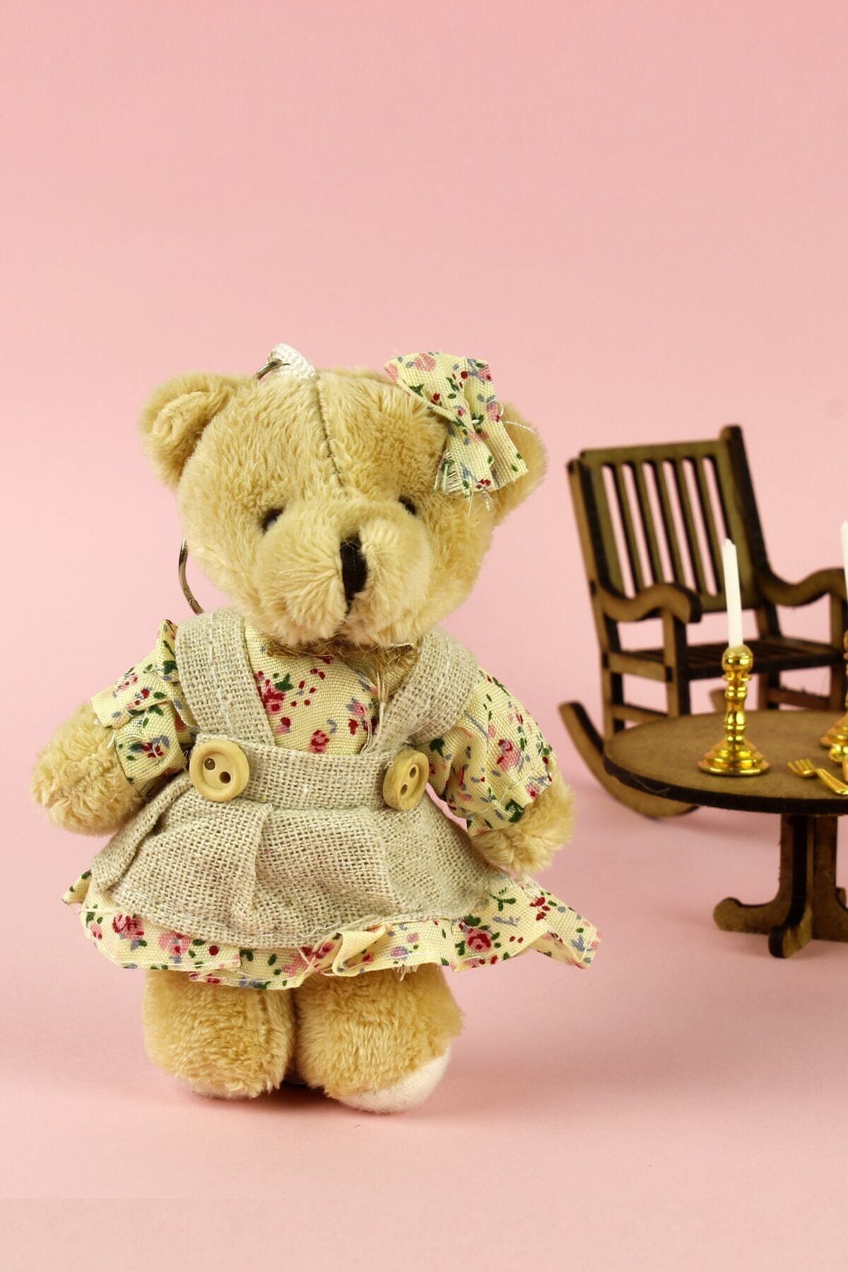 Kare Dekor Büyük Boy Elbiseli Sevimli Peluş Ayıcık Anahtarlık Kız