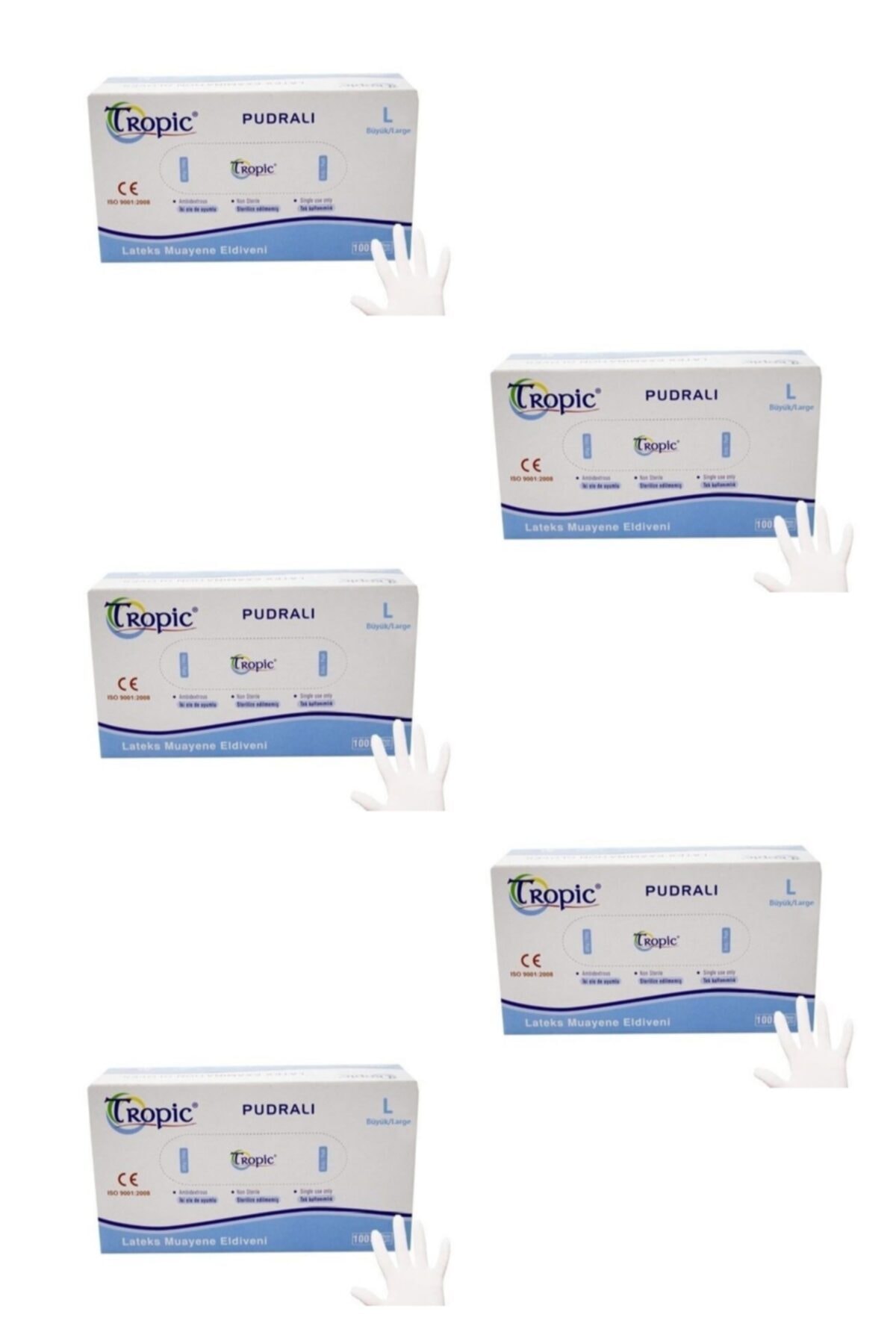 Tropic Lateks Pudralı L Beden Muayene Eldiveni - Temizlik Eldiveni - (5 Kutu / 5 X 100 Adet)