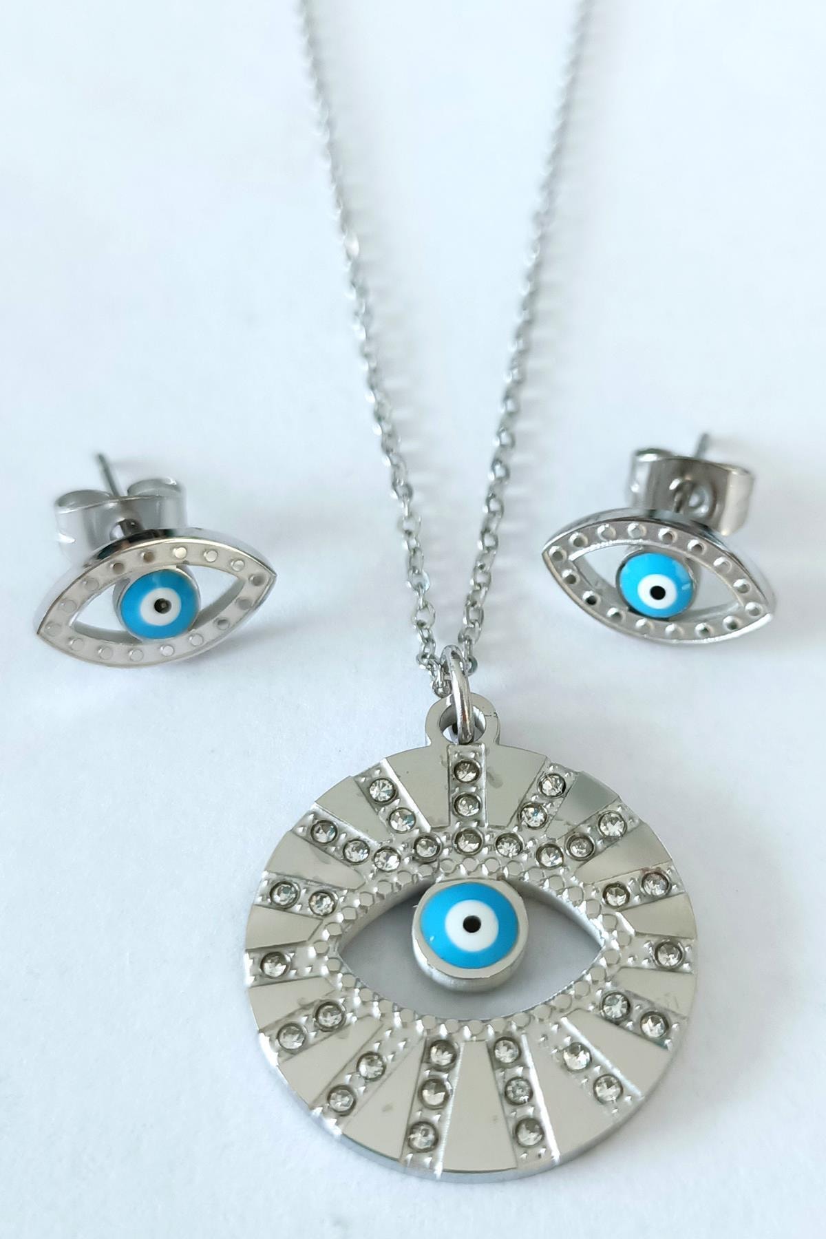 Yoro Çelik Beyaz Kristal Taşlı Set