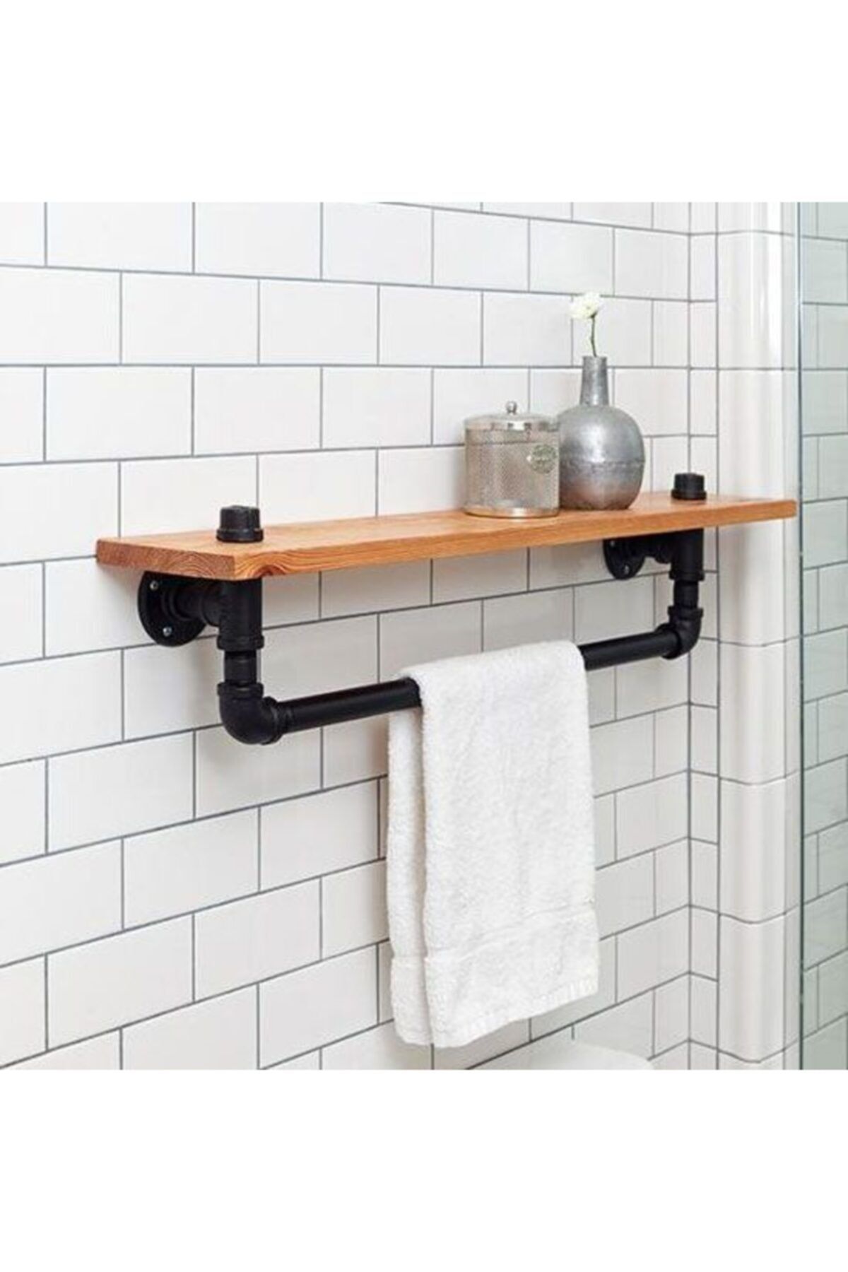 MyWondry Çok Amaçlı Dekoratif Ahşap Banyo Mutfak Duvar Rafı Askılık Havluluk Model 91