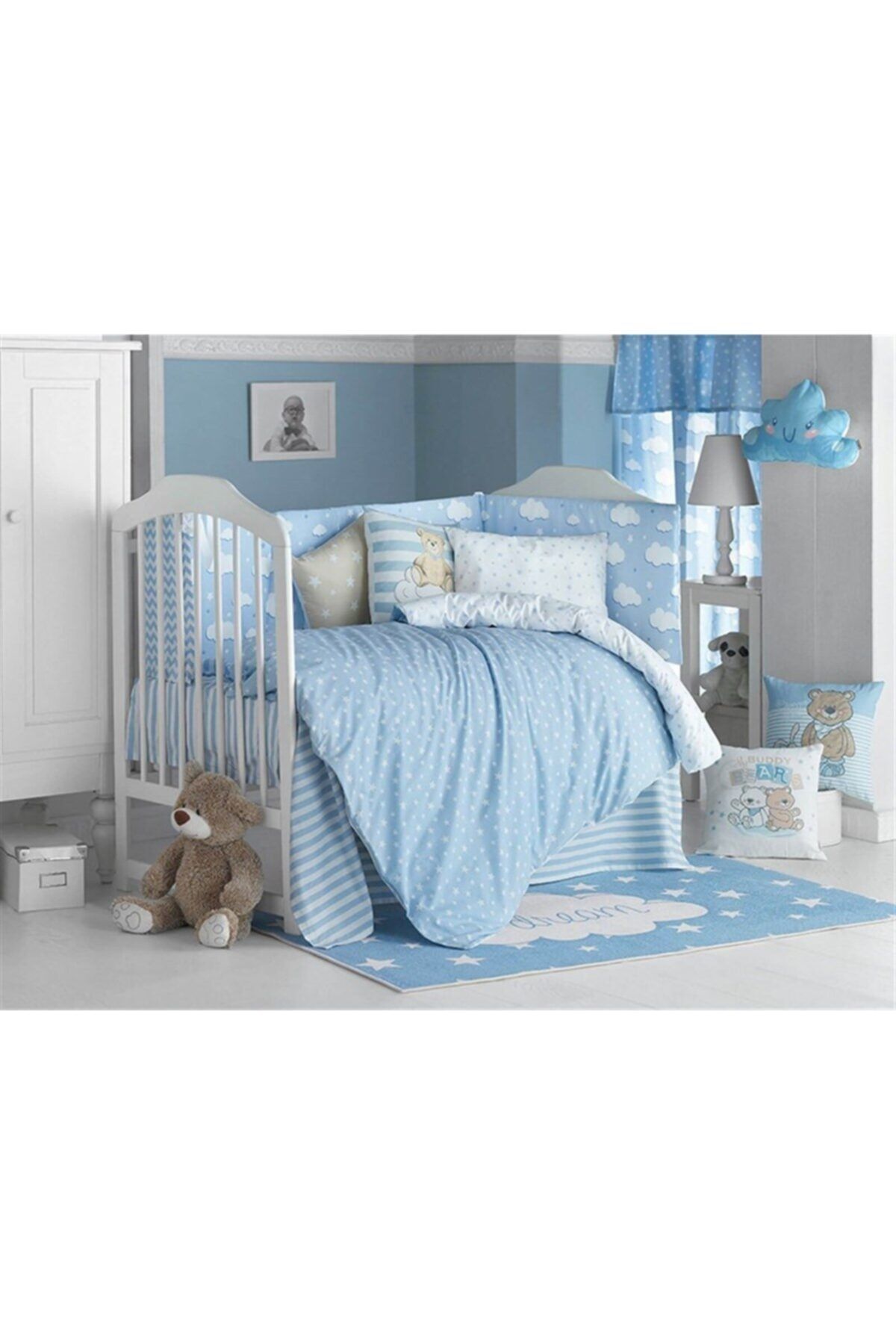 Jaju Baby Mavi Tasarım Bebek Nevresim Takımı Ve Kenar Koruma 60 x 120cm