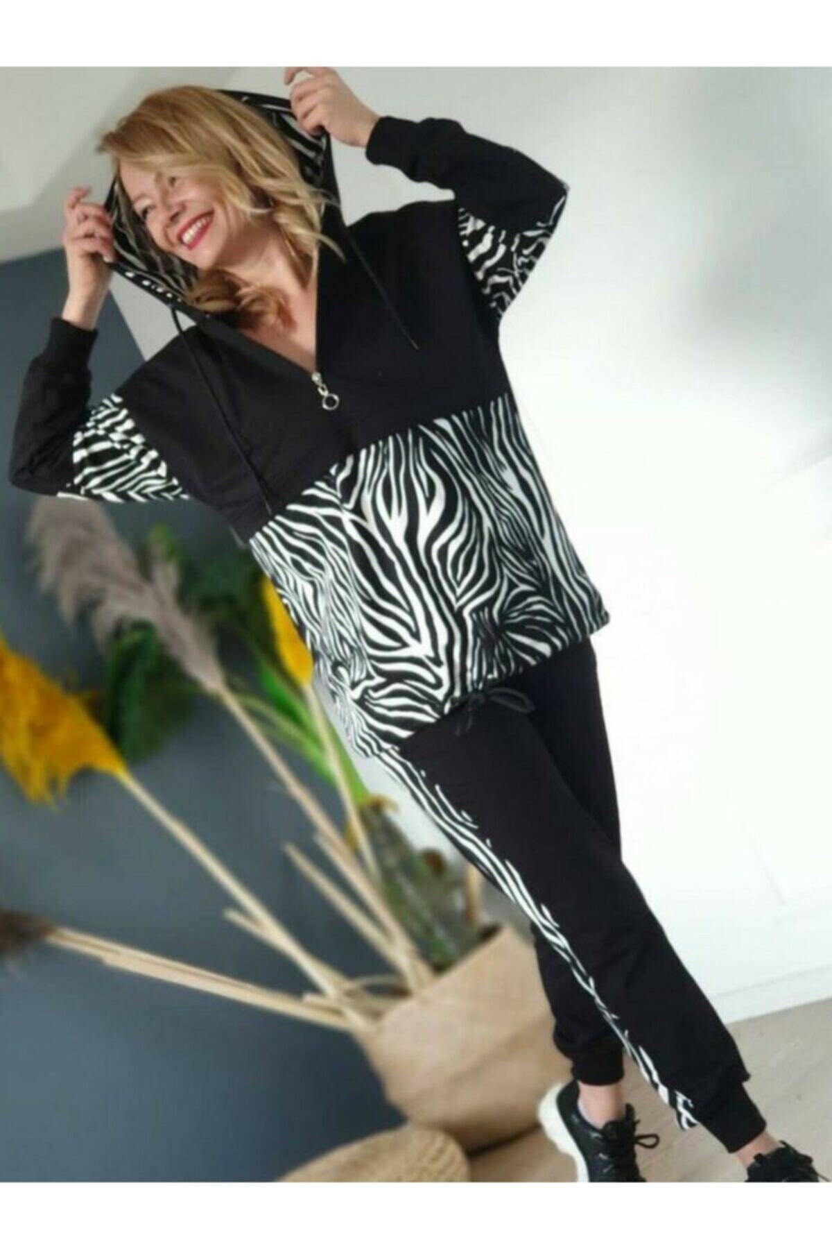MODA 22 Siyah Beyaz Zebra Desenli Eşofman Takımı