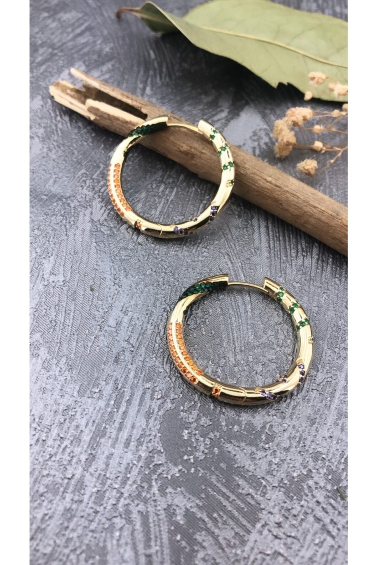 Joel Jewelry Mix Taşlı Altın Kaplamalı Gümüş Halka Küpe