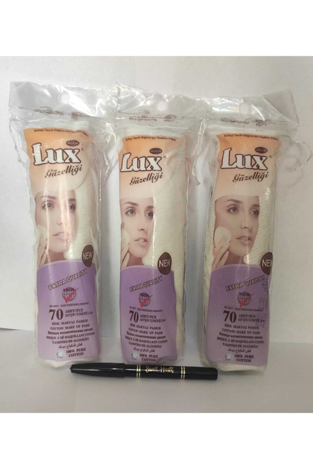 ASYA PAMUK Lüx 70'li Disk Makyaj Pamuğu 3'lü Paket 210 Adet+1 Adet Göz Kalemi Hediyeli