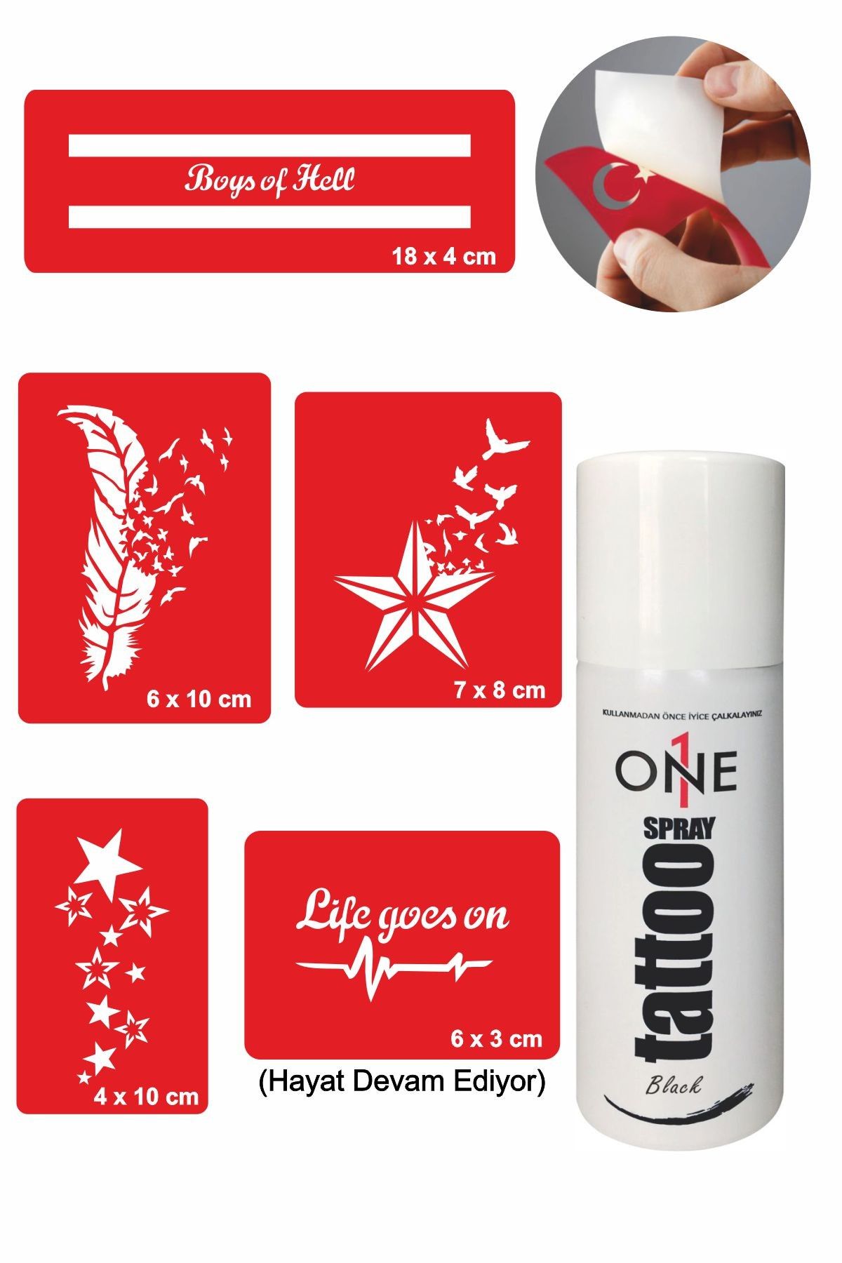 ONE SPRAY TATTOO Şerit Tüy Geçici Dövme Seti Siyah Sprey Ve 5 Desen