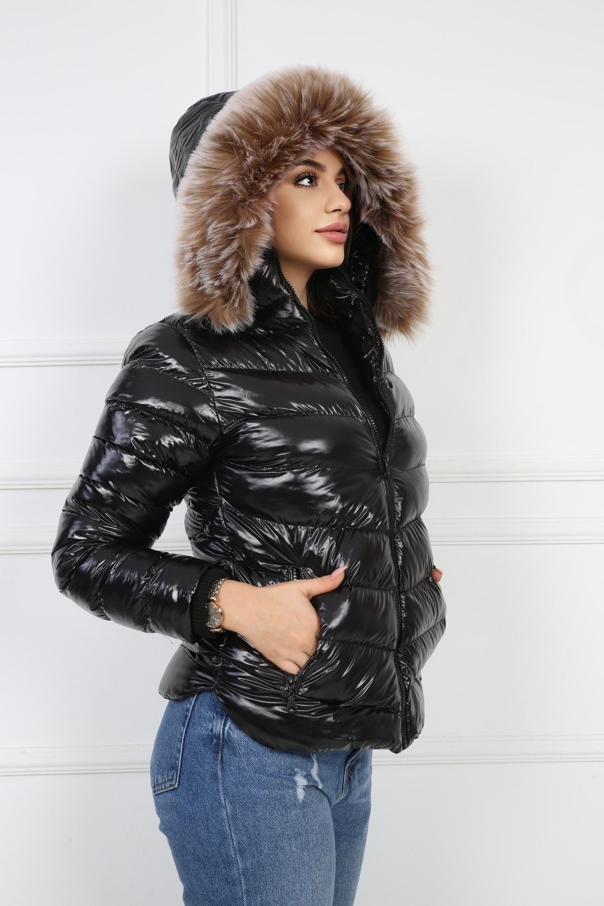 Black shiny coat top womens
