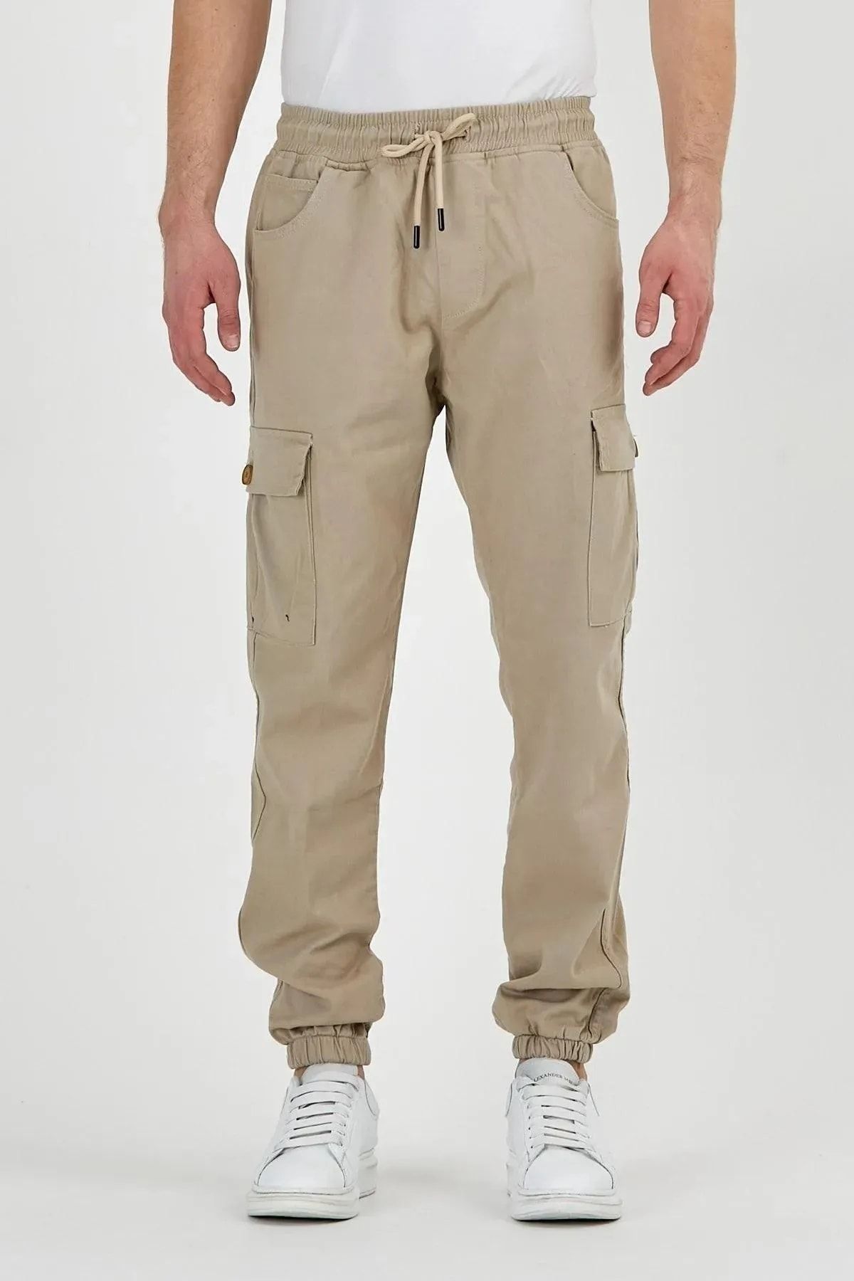 BLG SPORTSWEAR Men's Stone Color Side Pocket Cargo Pants with Elastic Waist  and Legs - Trendyol