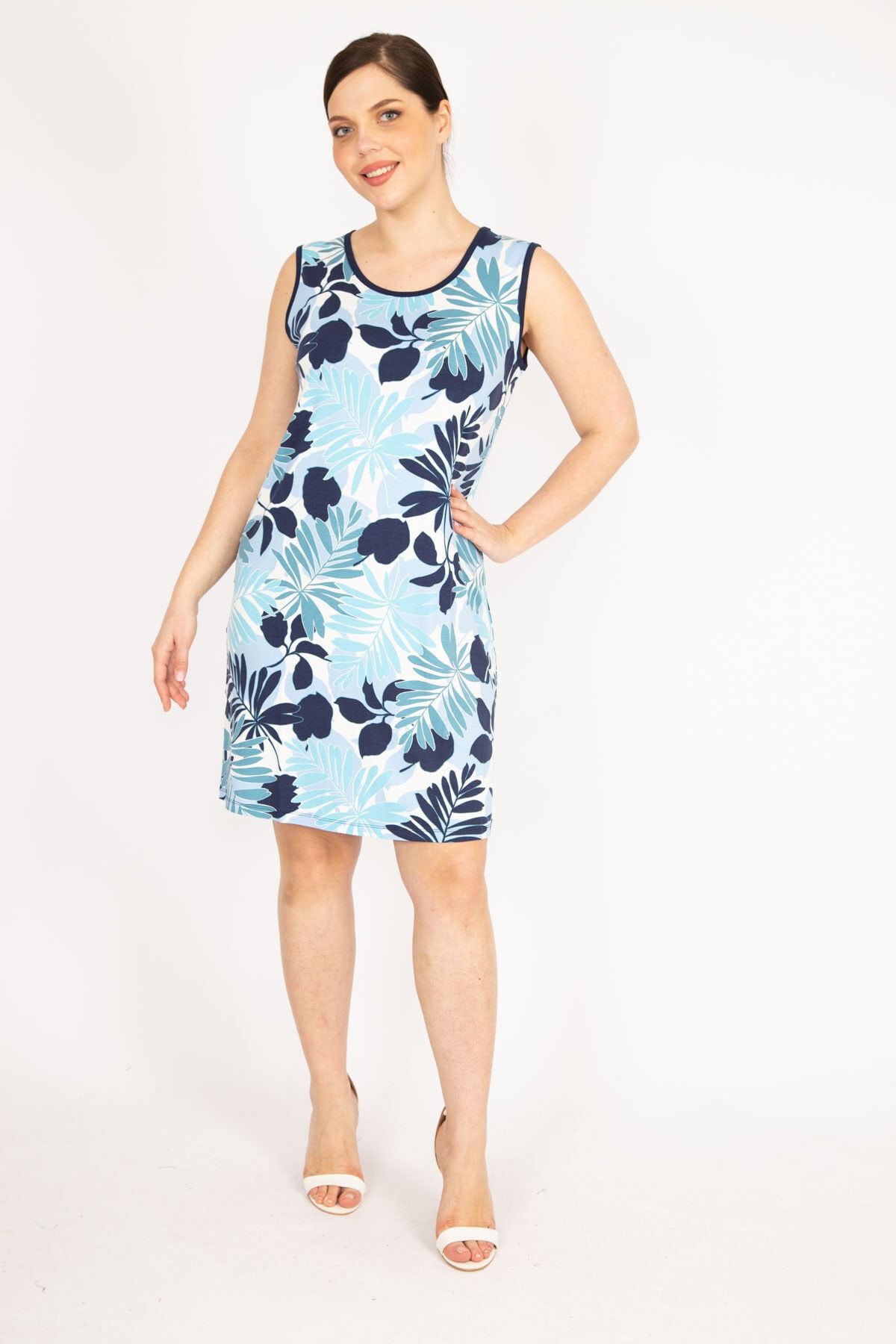 ans Women s Blue Plus Size Crew Neck Patterned Dress Trendyol