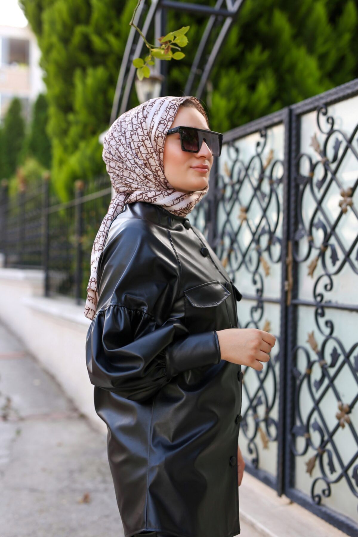 kübra akova butik Kadın Siyah Balon Kol Deri Tunik